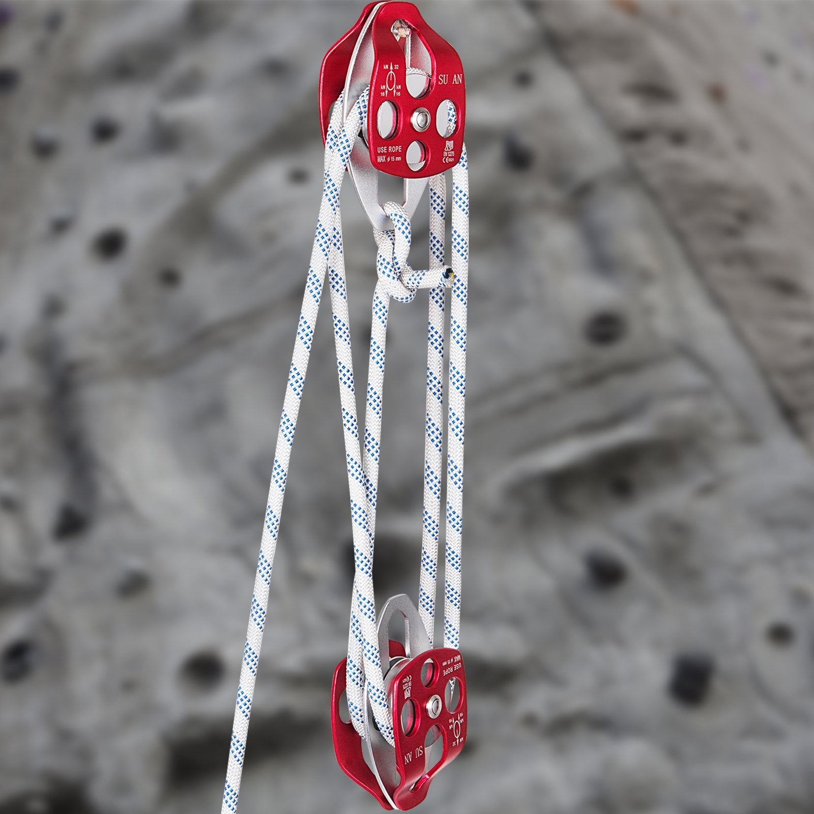Twin Sheave Block and Tackle 7700Lb Pulley System 200 feet 1/2 Double Braid Rope 