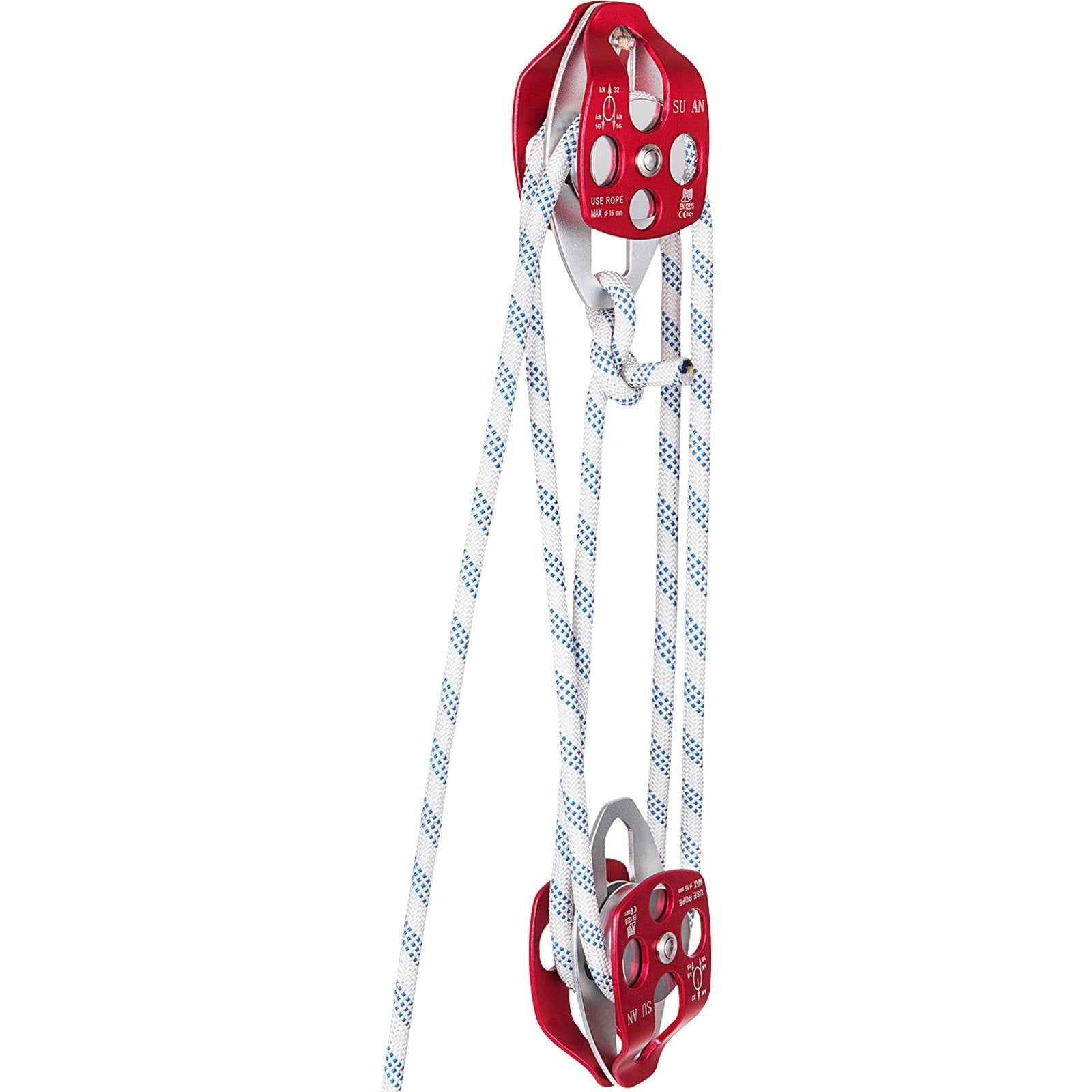 Twin Sheave Block and Tackle 7700Lb Pulley System 200 feet 1/2 Double Braid Rope 
