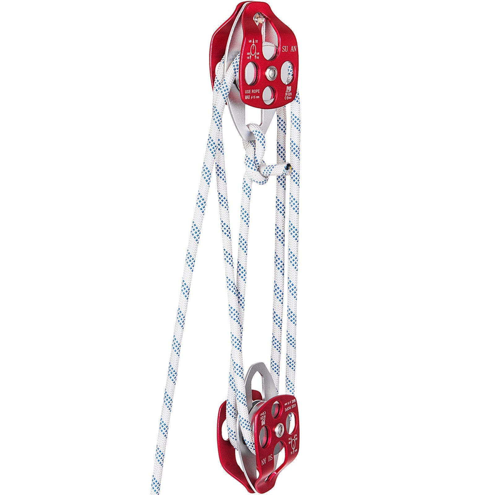 Twin Sheave Block and Tackle 7700Lb Pulley System 200 feet 1/2 Double Braid Rope 