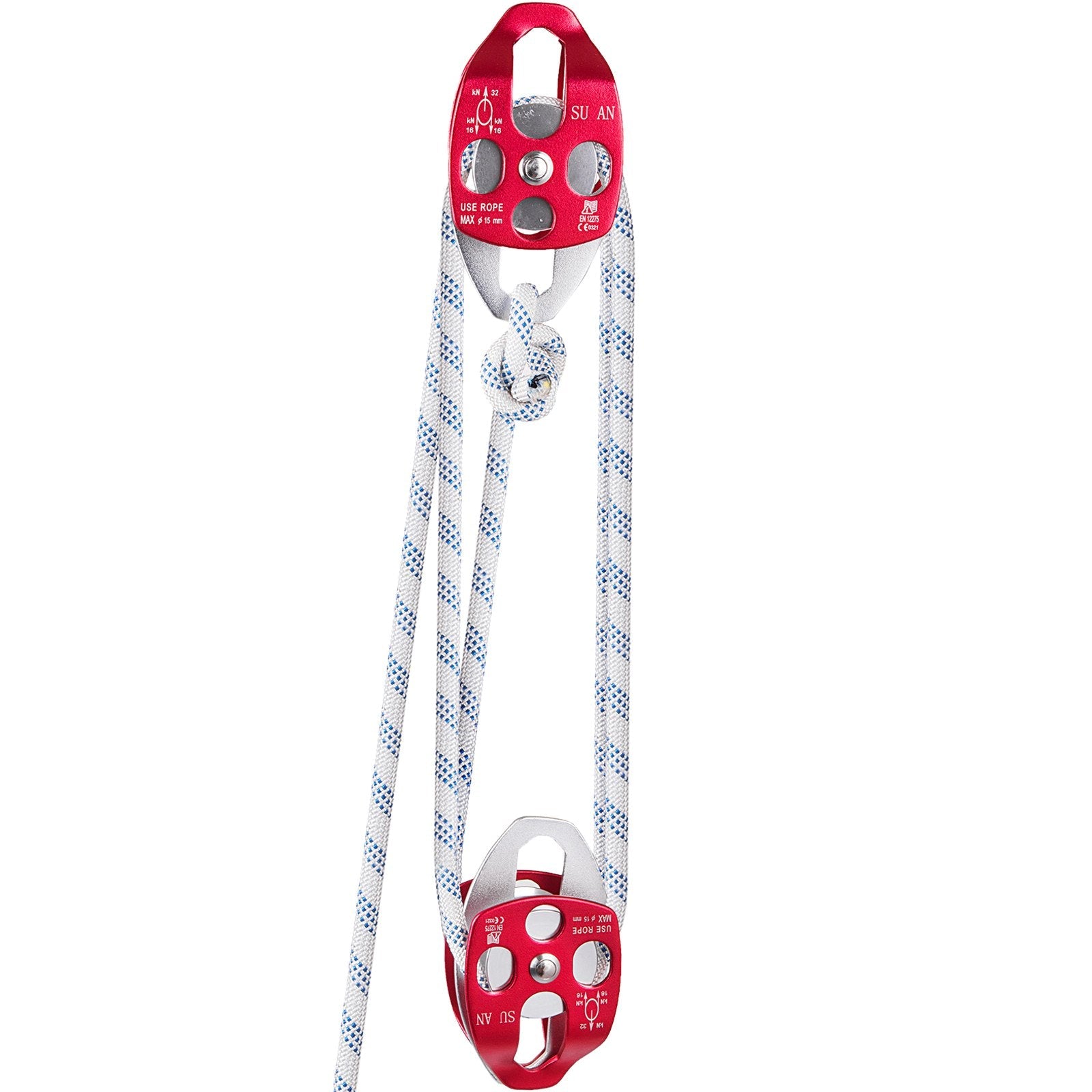 Twin Sheave Block and Tackle 7700Lb Pulley System 200 feet 1/2 Double Braid Rope 