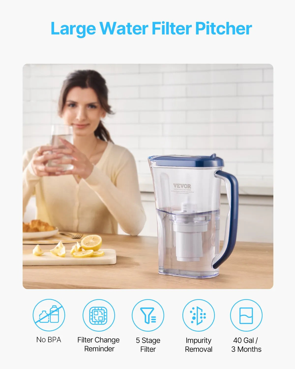 VEVOR Water Filter Pitcher 9 Cup 5-stage Water Filtration Pitcher 40 Gallons
