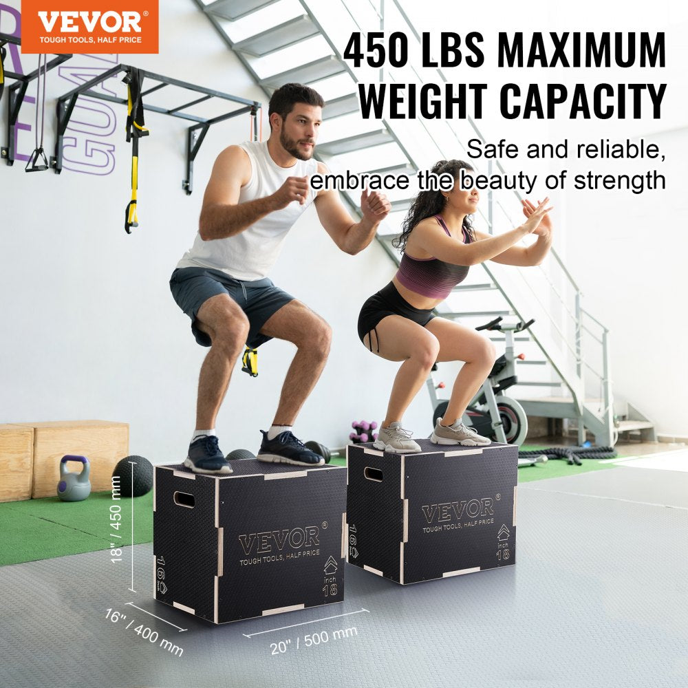 VEVOR 3 in 1 Plyometric Jump Box, 20/18/16 Inch Wooden Plyo Box, Platform & Jumping Agility Box, Anti-Slip Fitness Exercise Step Up Box for Home Gym Training, Conditioning Strength Training, Black 