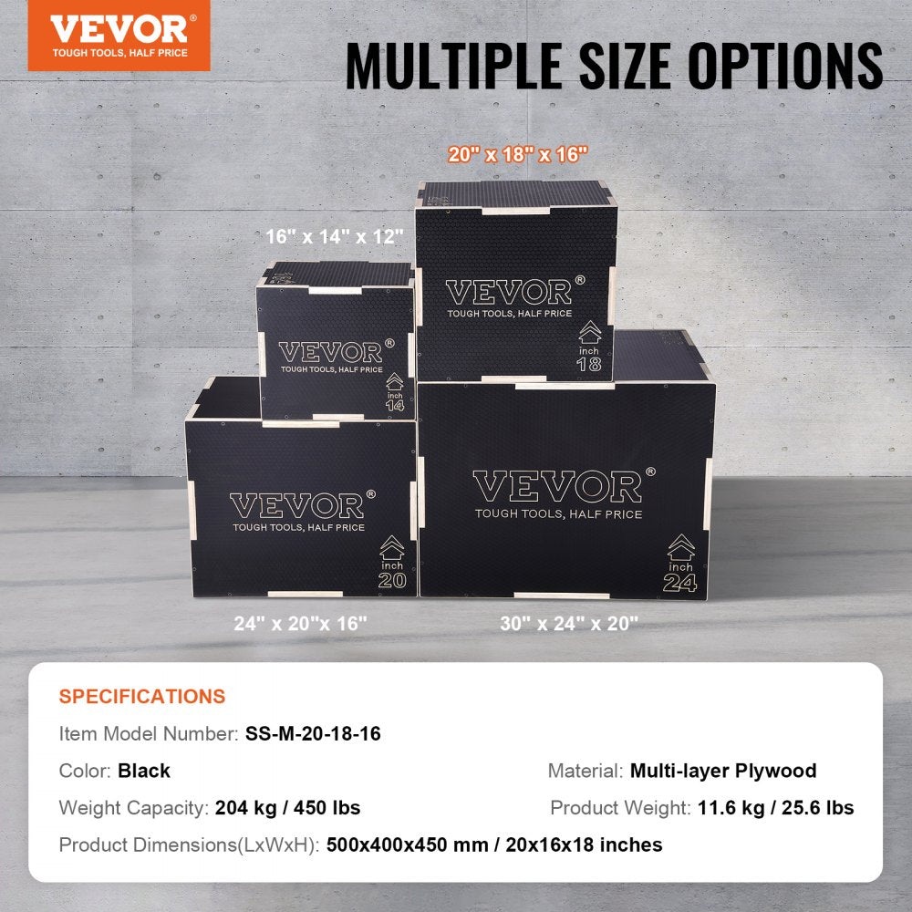 VEVOR 3 in 1 Plyometric Jump Box, 20/18/16 Inch Wooden Plyo Box, Platform & Jumping Agility Box, Anti-Slip Fitness Exercise Step Up Box for Home Gym Training, Conditioning Strength Training, Black 