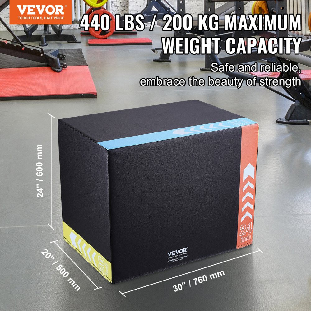 VEVOR 3 in 1 Plyometric Jump Box, 30/24/20 Inch Cotton Plyo Box, Platform & Jumping Agility Box, Anti-Slip Fitness Exercise Step Up Box for Home Gym Training, Conditioning Strength Training, Black 