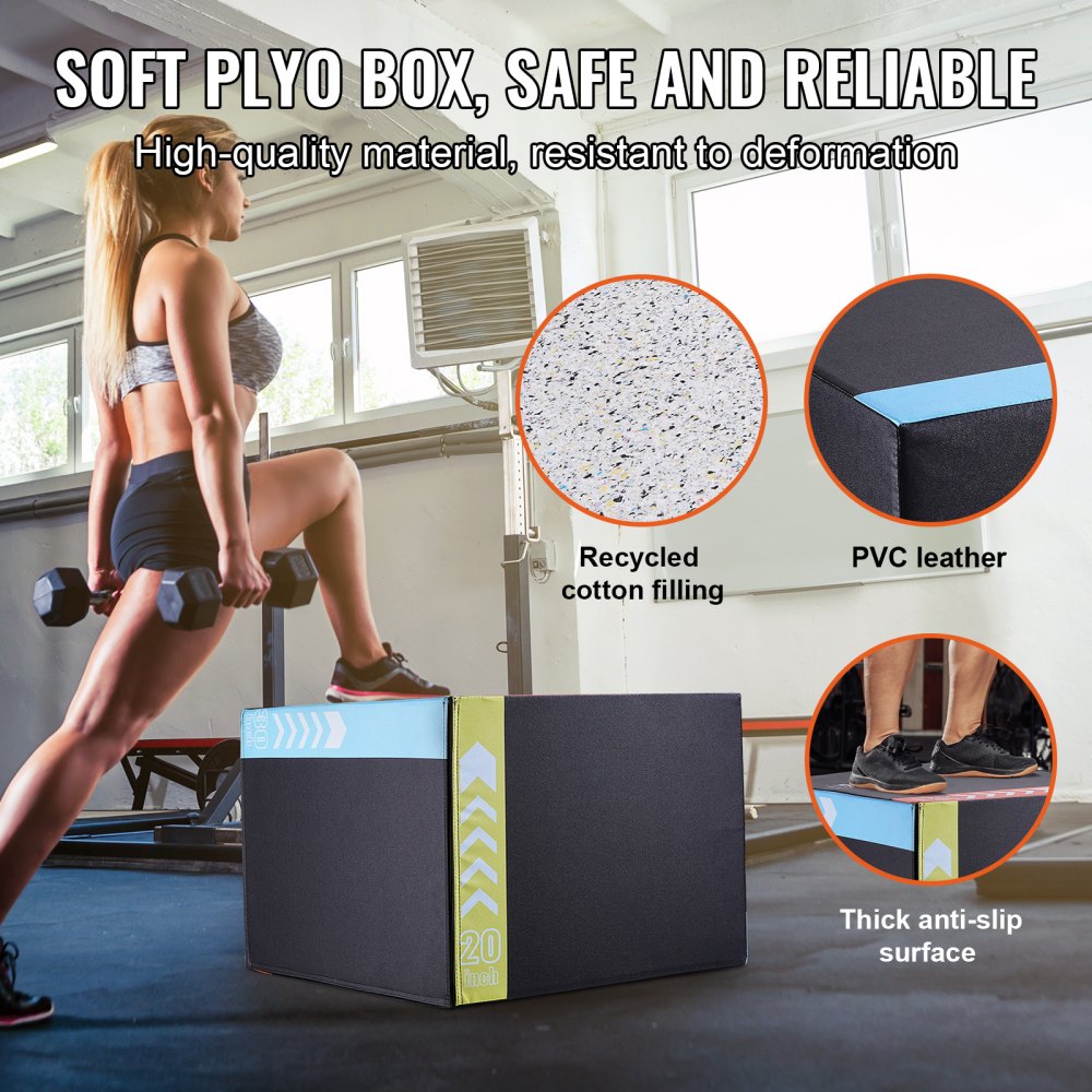 VEVOR 3 in 1 Plyometric Jump Box, 30/24/20 Inch Cotton Plyo Box, Platform & Jumping Agility Box, Anti-Slip Fitness Exercise Step Up Box for Home Gym Training, Conditioning Strength Training, Black 