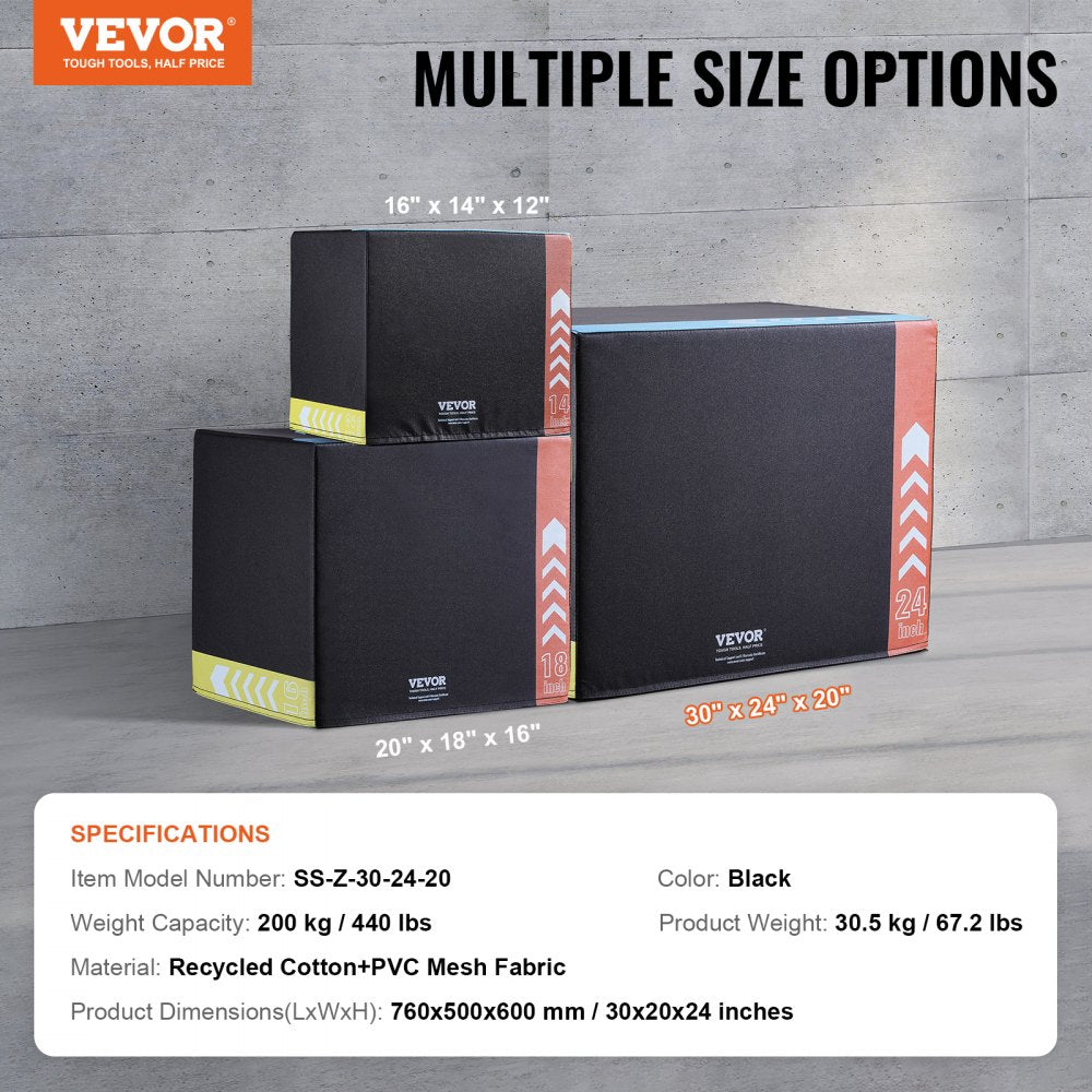 VEVOR 3 in 1 Plyometric Jump Box, 30/24/20 Inch Cotton Plyo Box, Platform & Jumping Agility Box, Anti-Slip Fitness Exercise Step Up Box for Home Gym Training, Conditioning Strength Training, Black 