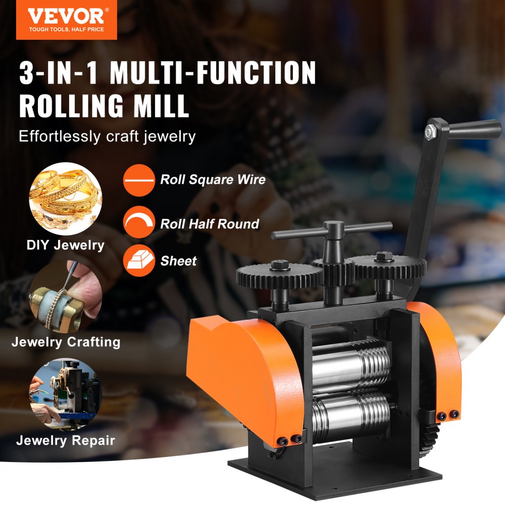 VEVOR Rolling Mill, 1.77"/45 mm Jewelry Rolling Mill Machine, 1: 2.4 Gear Ratio, 3-in-1 Multi-function Rolling Mill, 0-6 mm Press Thickness for Metal Jewelry Making Sheet Square Wire Semicircle 