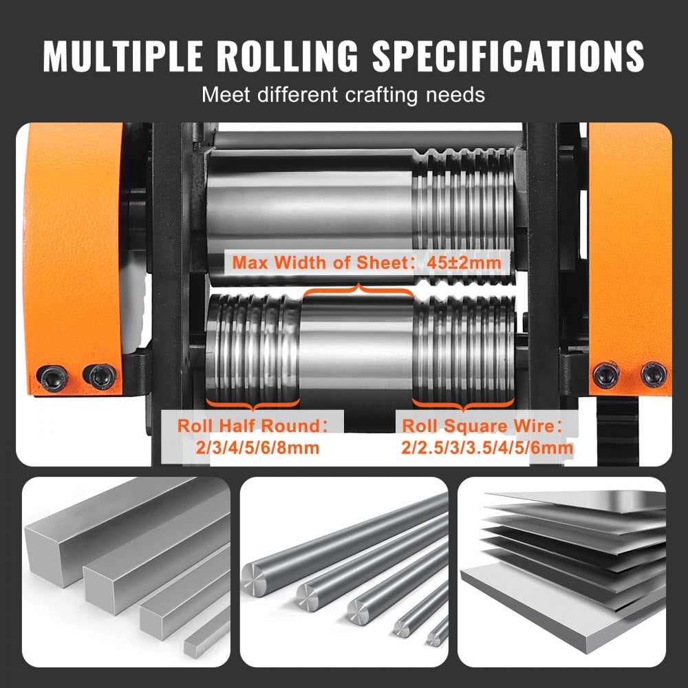 VEVOR Rolling Mill, 1.77"/45 mm Jewelry Rolling Mill Machine, 1: 2.4 Gear Ratio, 3-in-1 Multi-function Rolling Mill, 0-6 mm Press Thickness for Metal Jewelry Making Sheet Square Wire Semicircle 