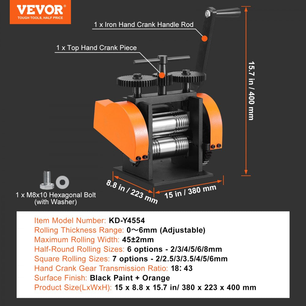 VEVOR Rolling Mill, 1.77"/45 mm Jewelry Rolling Mill Machine, 1: 2.4 Gear Ratio, 3-in-1 Multi-function Rolling Mill, 0-6 mm Press Thickness for Metal Jewelry Making Sheet Square Wire Semicircle 