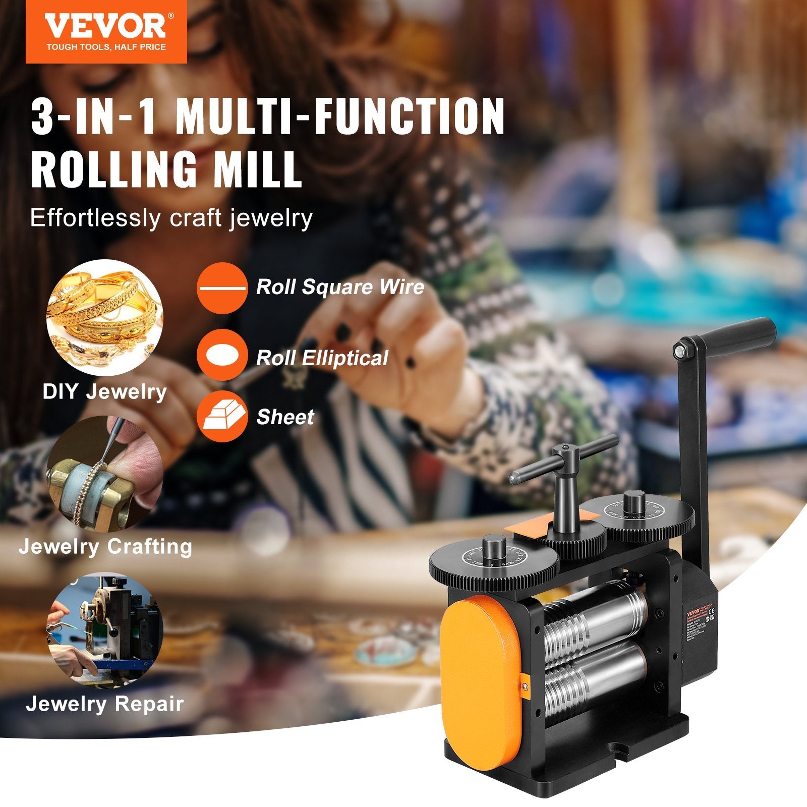 VEVOR Rolling Mill, 2.24"/57 mm Jewelry Rolling Mill Machine, 1: 2 Gear Ratio, 3-in-1 Multi-function Rolling Mill, 0-5.5 mm Press Thickness for Metal Jewelry Making Sheet Square Wire Elliptical 