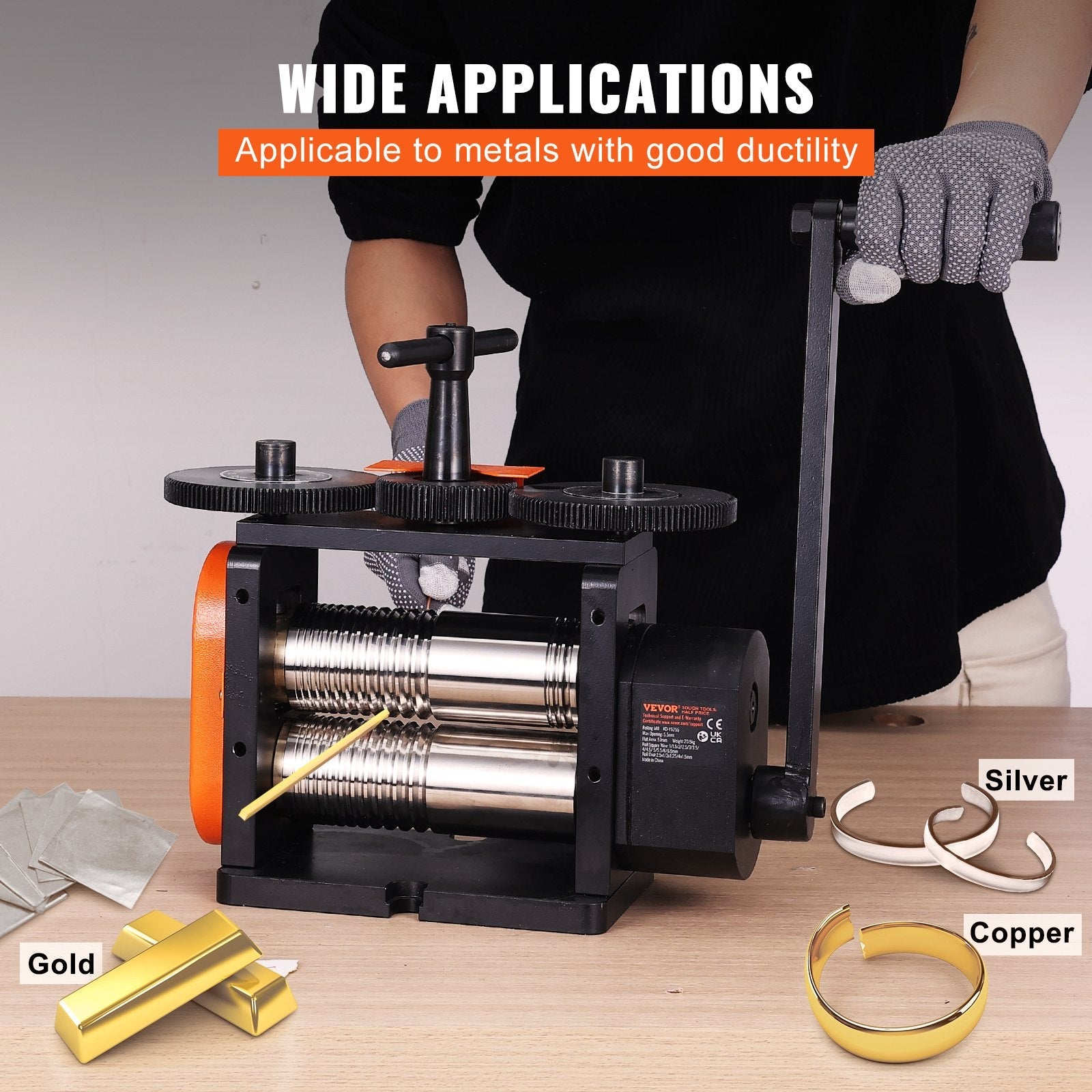 VEVOR Rolling Mill, 2.24"/57 mm Jewelry Rolling Mill Machine, 1: 2 Gear Ratio, 3-in-1 Multi-function Rolling Mill, 0-5.5 mm Press Thickness for Metal Jewelry Making Sheet Square Wire Elliptical 