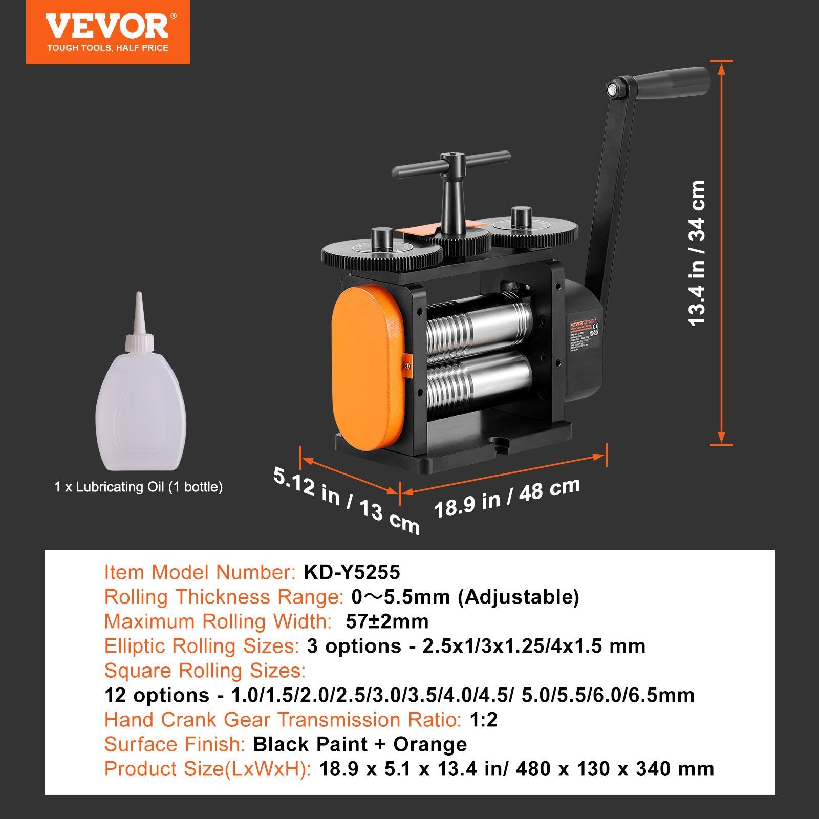 VEVOR Rolling Mill, 2.24"/57 mm Jewelry Rolling Mill Machine, 1: 2 Gear Ratio, 3-in-1 Multi-function Rolling Mill, 0-5.5 mm Press Thickness for Metal Jewelry Making Sheet Square Wire Elliptical 