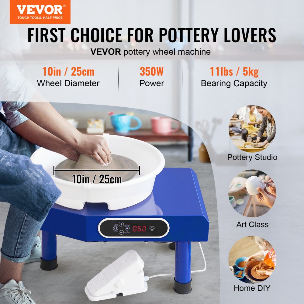 VEVOR Pottery Wheel, 10in Ceramic Wheel Forming Machine, Adjustable 60-300RPM Speed Manual LCD Panel, Foot Pedal ABS Detachable Basin, Sculpting Tool Apron Accessory Kit for Work Art Craft DIY 