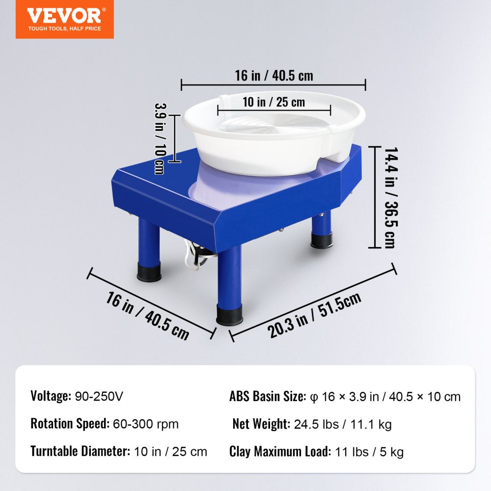 VEVOR Pottery Wheel, 10in Ceramic Wheel Forming Machine, Adjustable 60-300RPM Speed Manual LCD Panel, Foot Pedal ABS Detachable Basin, Sculpting Tool Apron Accessory Kit for Work Art Craft DIY 