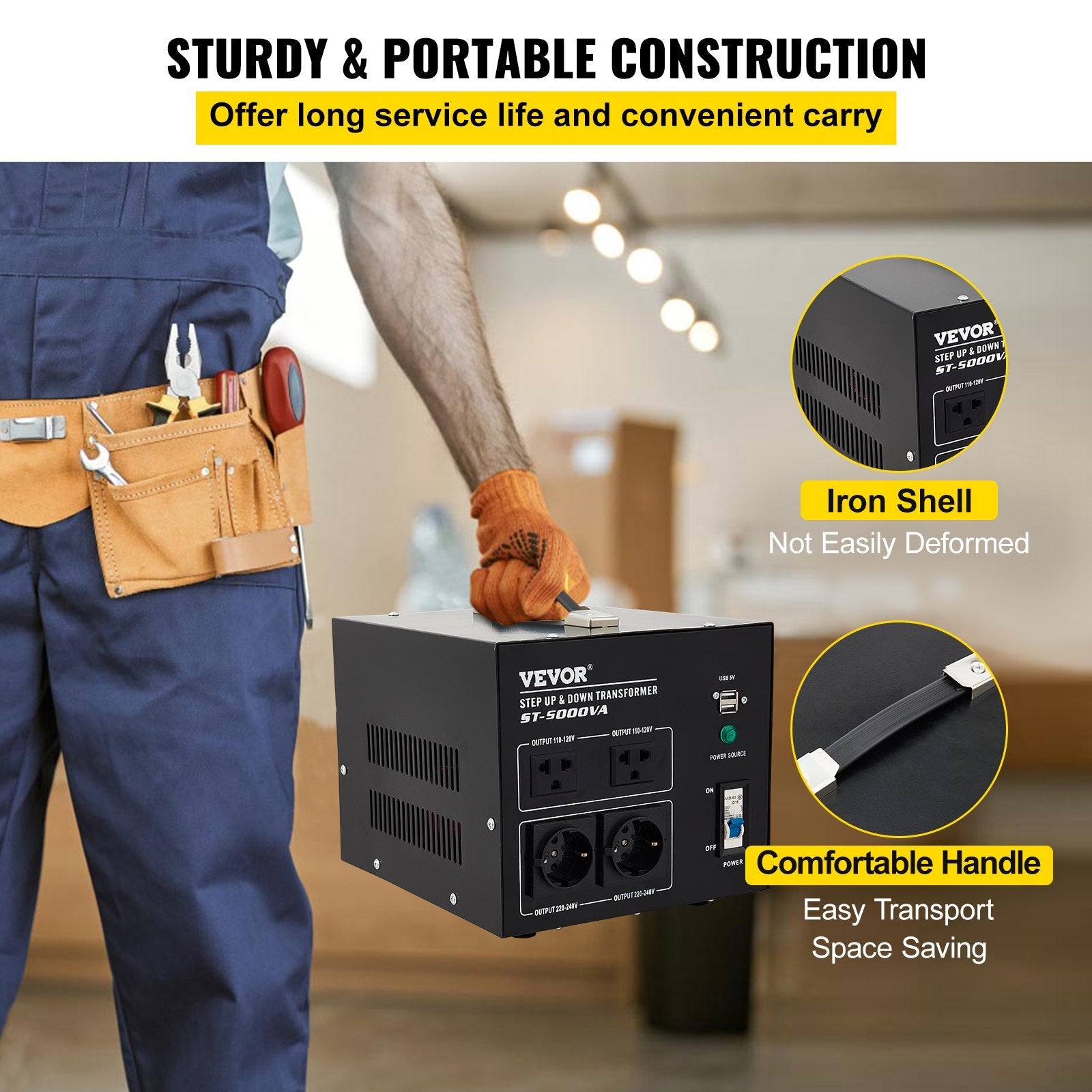 VEVOR Voltage Converter Transformer,5000W Heavy Duty Step Up/Down Transformer Converter(240V to 110V, 110V to 240V),2 US&2 UK& Outlet with Circuit Break Protection,5V USB Port,CE Certified 