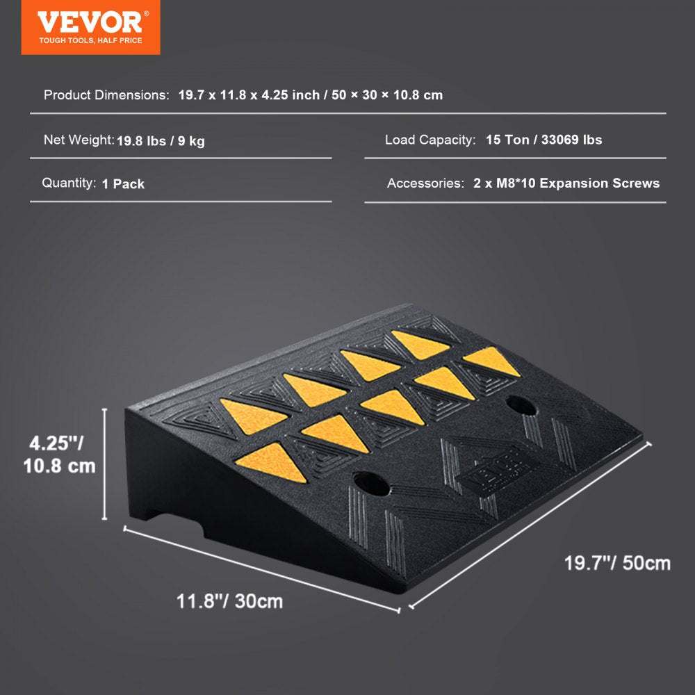 VEVOR Rubber Curb Ramp 4.25" Rise Height Sidewalk Curb Ramp, 11.8" Width 19.7" Length Driveway Ramp for Curb, 15T Heavy Duty Rubber Ramp for Forklifts, Trucks, Buses, Cars, Wheelchairs, Bikes 