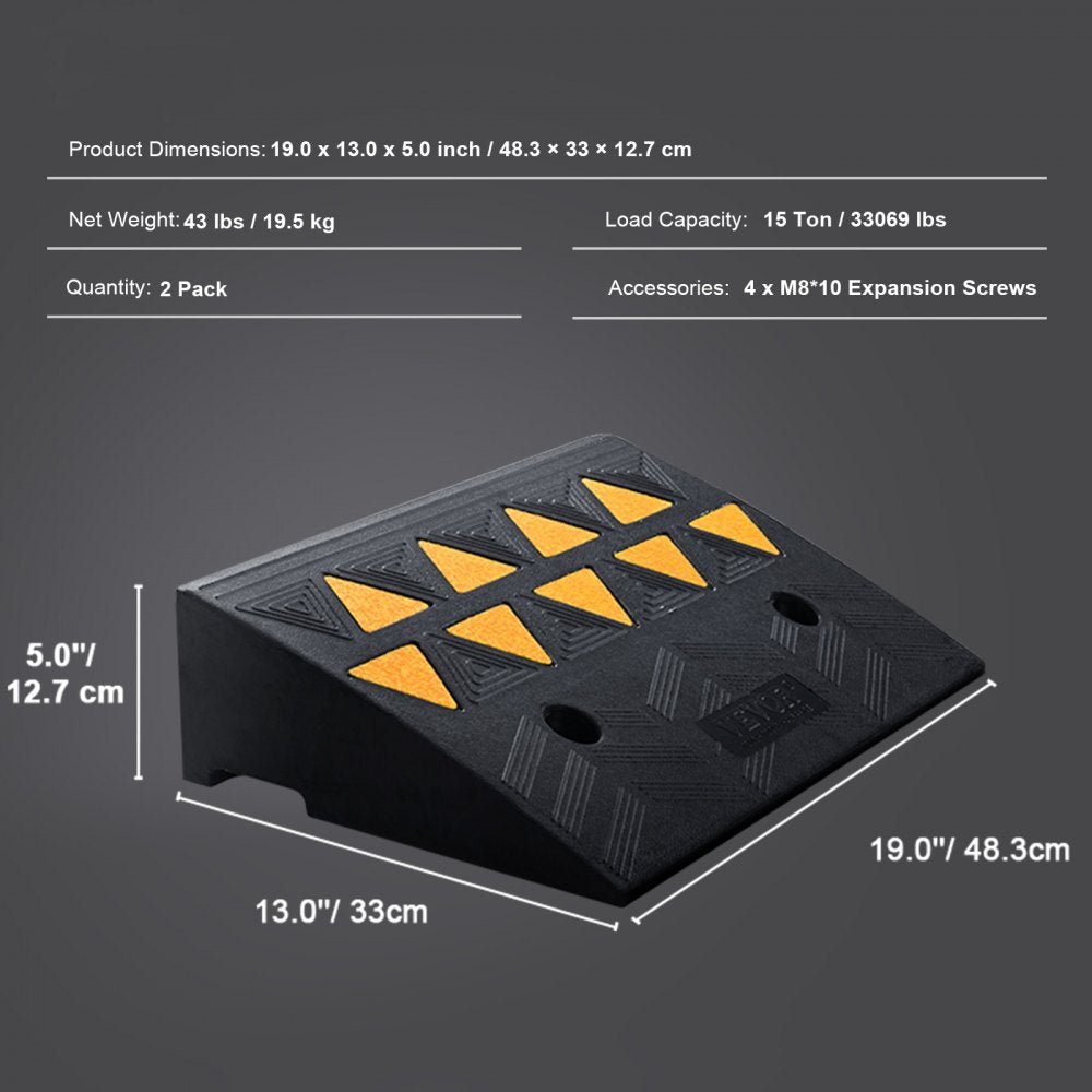 VEVOR Rubber Curb Ramp 2 Pack, 5" Rise Height Heavy-Duty 33069 lbs/15 T Capacity Threshold Ramps, Driveway Ramps with Stable Grid Structure for Cars, Wheelchairs, Bikes, Motorcycles 