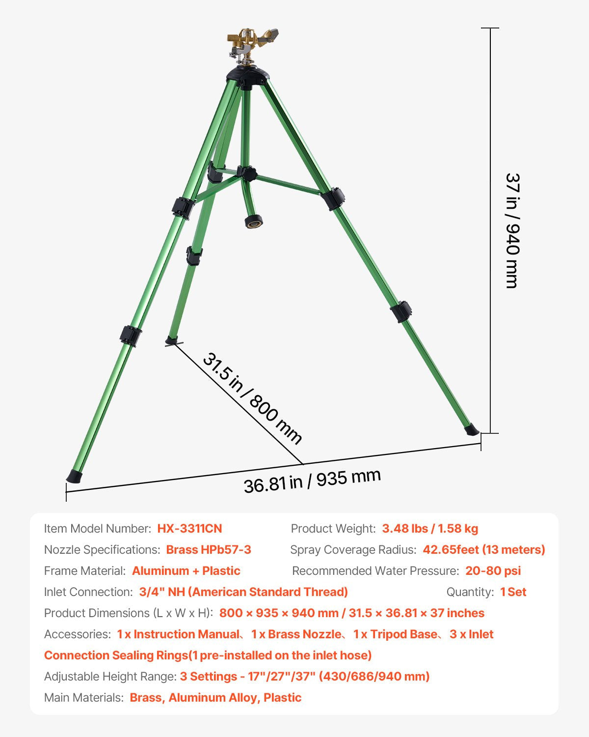 VEVOR Tripod Sprinkler 360° Spray Heavy Duty Sprinklers for Lawn Garden Green 