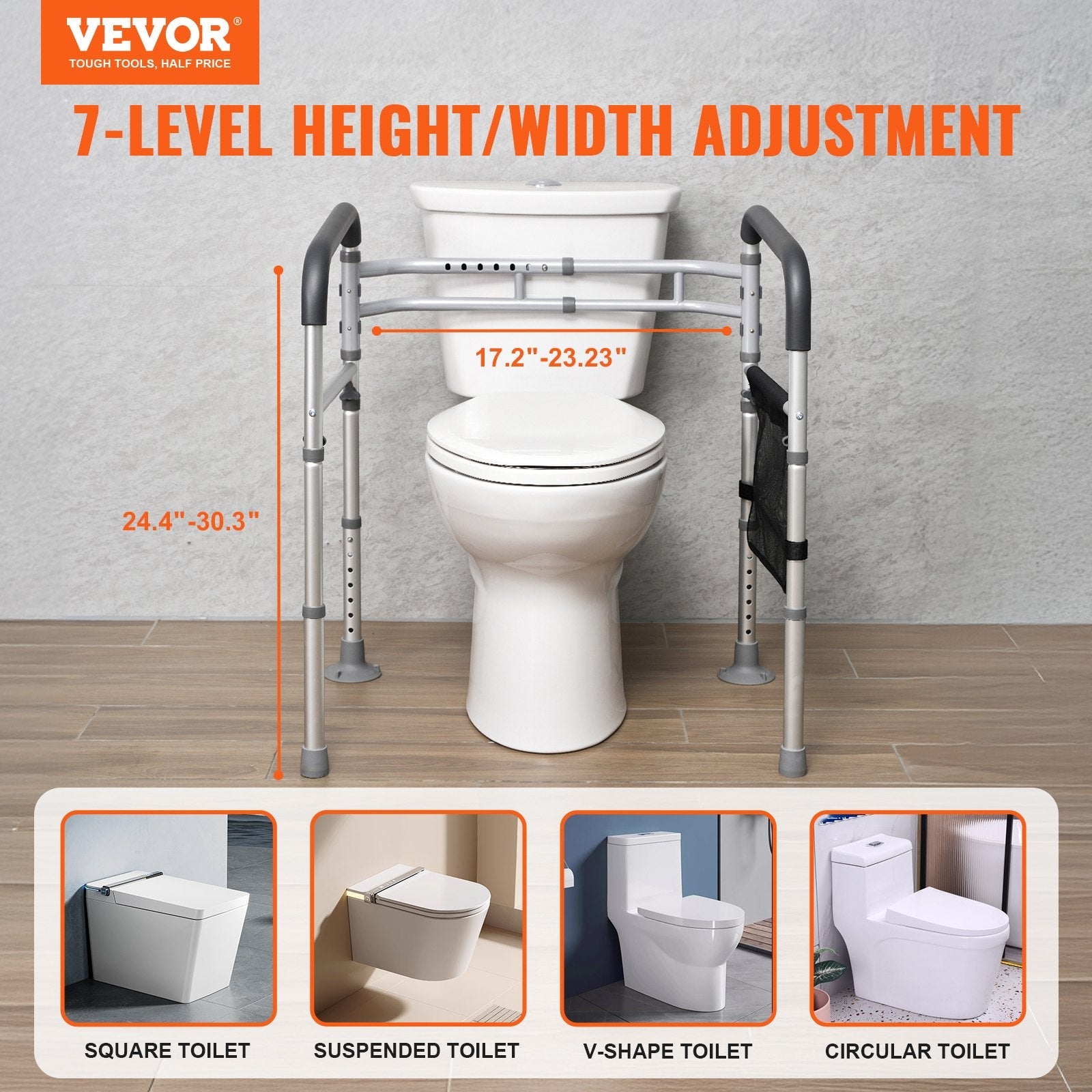 VEVOR Foldable Toilet Safety Rail Toilet Rail with Non-Slip Handles for Seniors 
