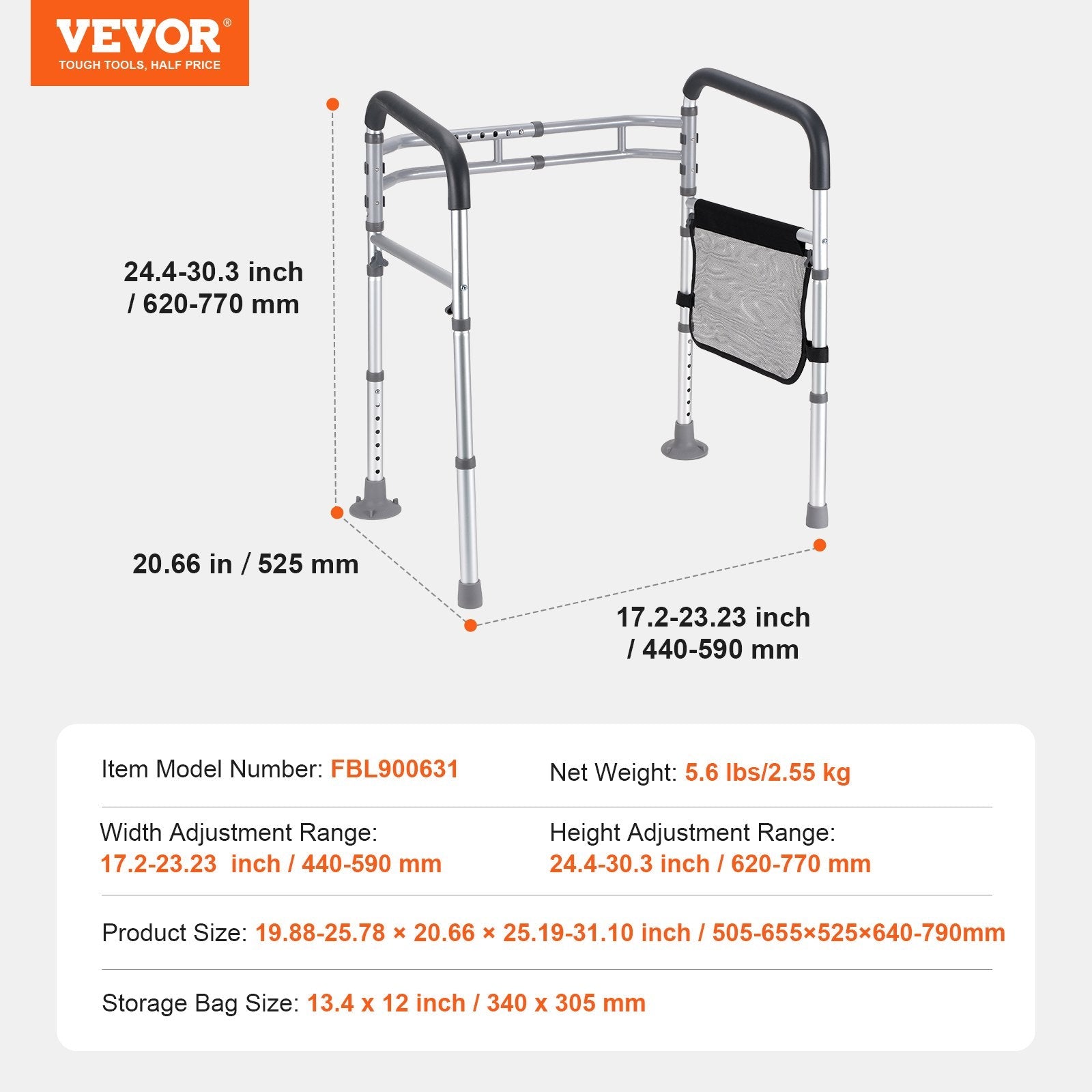 VEVOR Foldable Toilet Safety Rail Toilet Rail with Non-Slip Handles for Seniors 