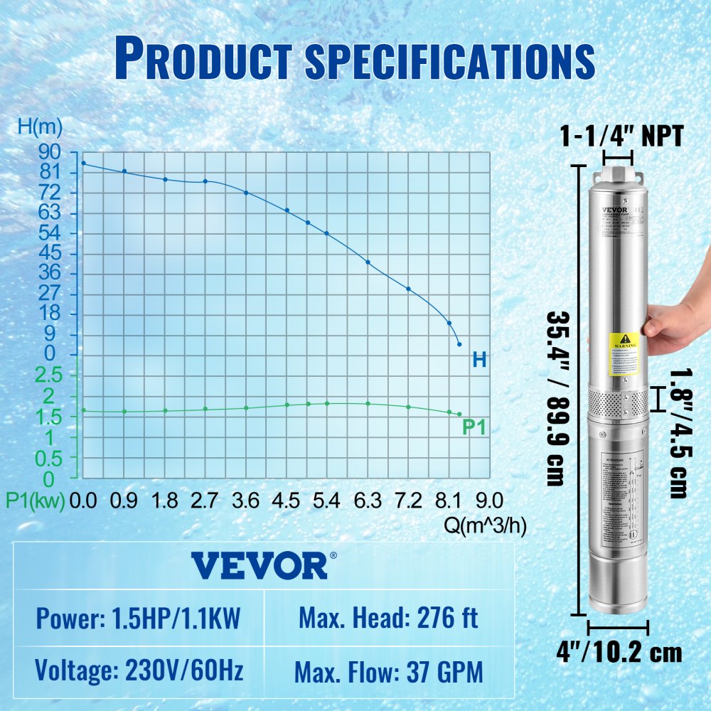 VEVOR Deep Well Submersible Pump, 1.5HP/1100W 230V/60Hz, 37GPM 276 ft Head, with 33 ft Electric Cord, 4 inch Stainless Steel Water Pumps for Industrial, Irrigation and Home Use, IP68 Waterproof Grade 