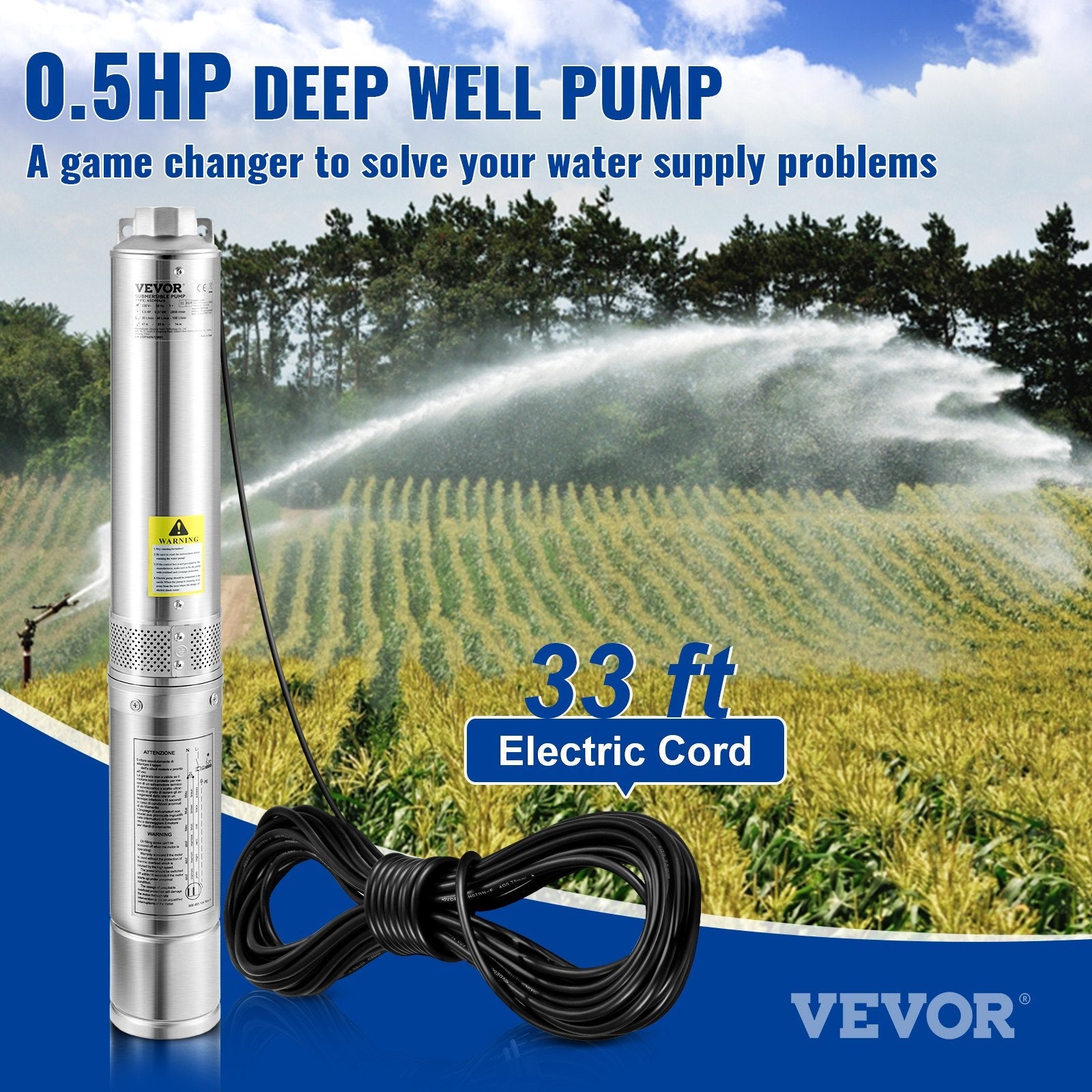 VEVOR Deep Well Submersible Pump, 0.5HP/370W 230V/60Hz, 28GPM 167 ft Head, with 33 ft Electric Cord, 4 inch Stainless Steel Water Pumps for Industrial, Irrigation and Home Use, IP68 Waterproof Grade 
