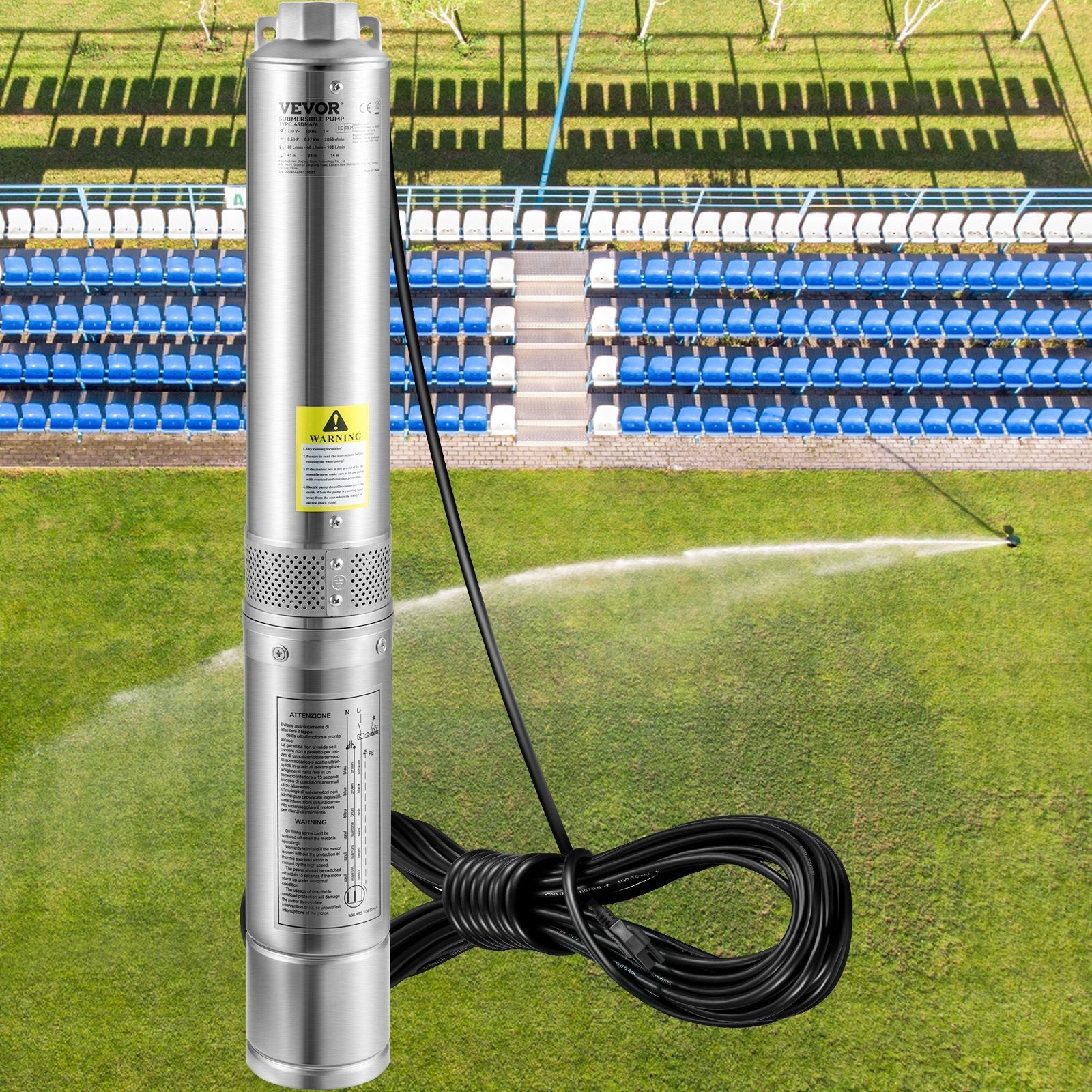 VEVOR Deep Well Submersible Pump, 0.5HP/370W 230V/60Hz, 28GPM 167 ft Head, with 33 ft Electric Cord, 4 inch Stainless Steel Water Pumps for Industrial, Irrigation and Home Use, IP68 Waterproof Grade 
