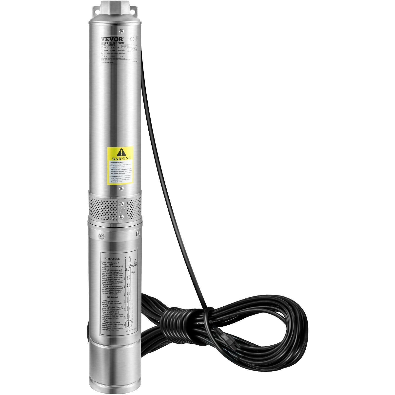 VEVOR Deep Well Submersible Pump, 0.5HP/370W 230V/60Hz, 28GPM 167 ft Head, with 33 ft Electric Cord, 4 inch Stainless Steel Water Pumps for Industrial, Irrigation and Home Use, IP68 Waterproof Grade 