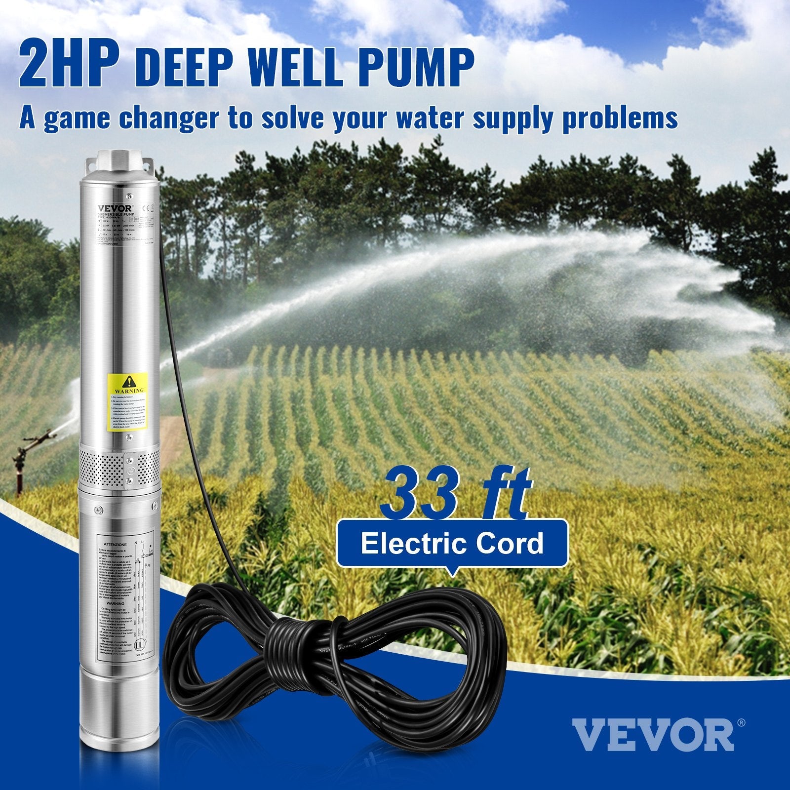 VEVOR Deep Well Submersible Pump, 2HP/1500W 230V/60Hz, 37GPM Flow 427 ft Head, with 33 ft Electric Cord, 4 inch Stainless Steel Water Pumps for Industrial, Irrigation & Home Use, IP68 Waterproof Grade 