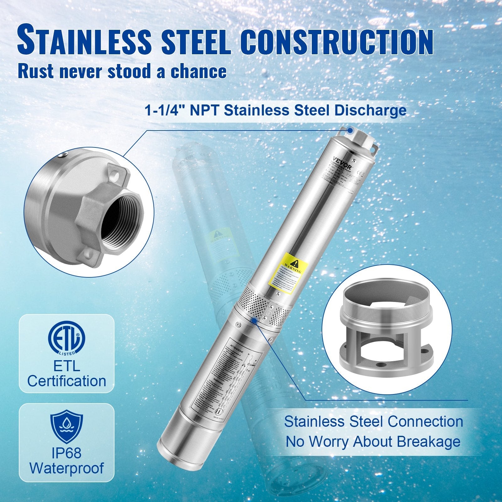 VEVOR Deep Well Submersible Pump, 2HP/1500W 230V/60Hz, 37GPM Flow 427 ft Head, with 33 ft Electric Cord, 4 inch Stainless Steel Water Pumps for Industrial, Irrigation & Home Use, IP68 Waterproof Grade 