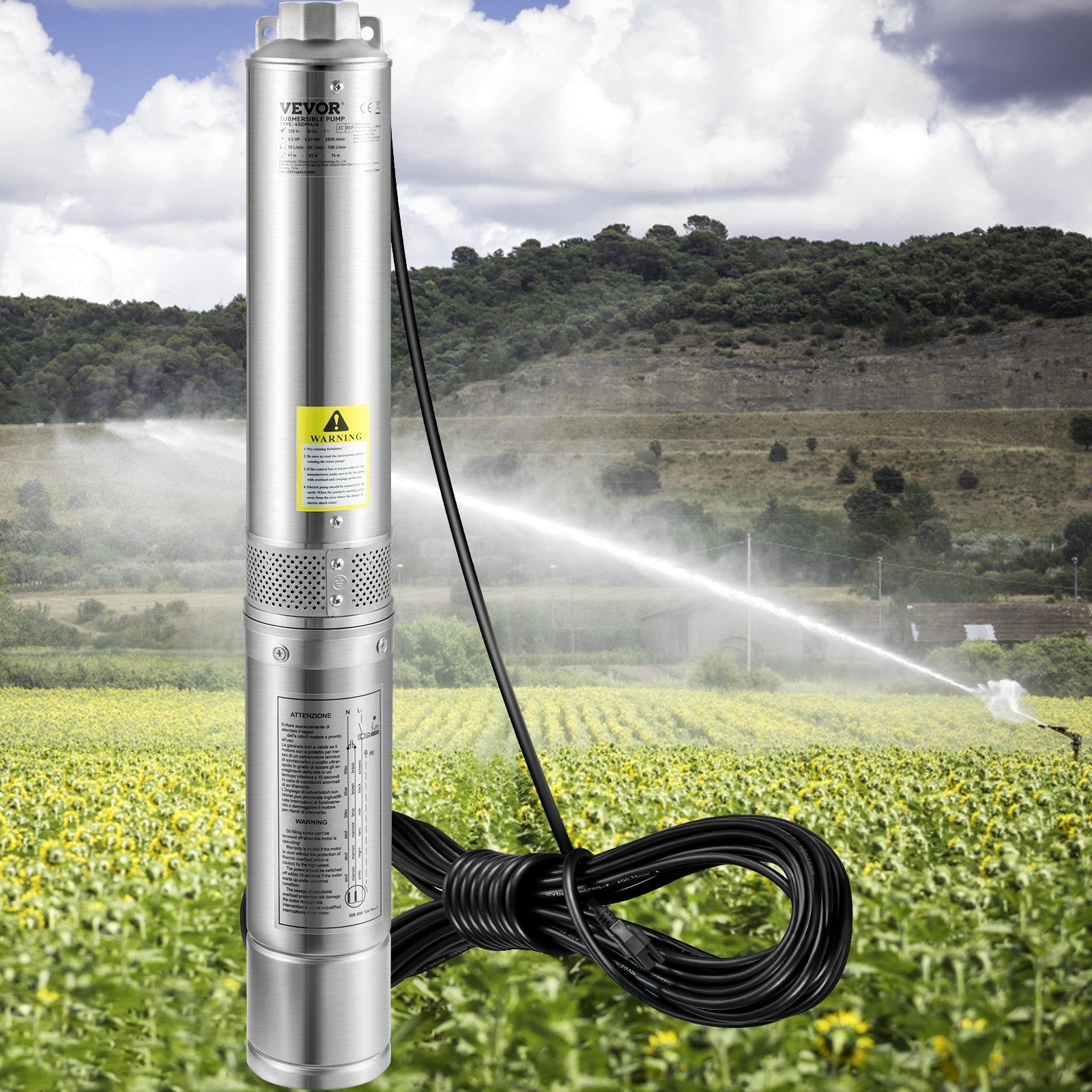 VEVOR Deep Well Submersible Pump, 2HP/1500W 230V/60Hz, 37GPM Flow 427 ft Head, with 33 ft Electric Cord, 4 inch Stainless Steel Water Pumps for Industrial, Irrigation & Home Use, IP68 Waterproof Grade 