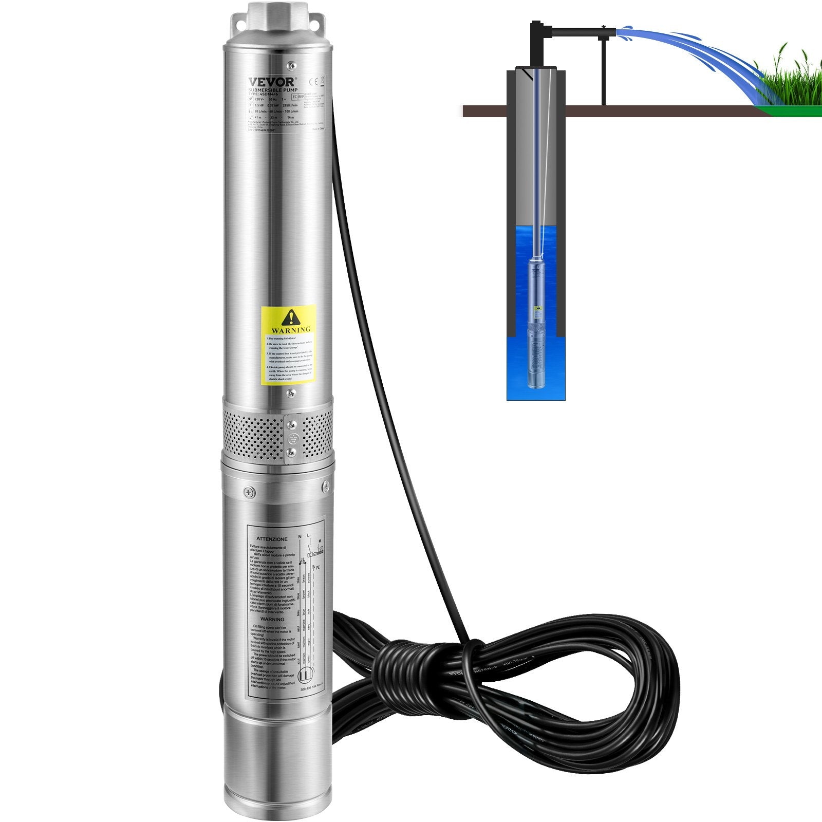 VEVOR Deep Well Submersible Pump, 2HP/1500W 230V/60Hz, 37GPM Flow 427 ft Head, with 33 ft Electric Cord, 4 inch Stainless Steel Water Pumps for Industrial, Irrigation & Home Use, IP68 Waterproof Grade 