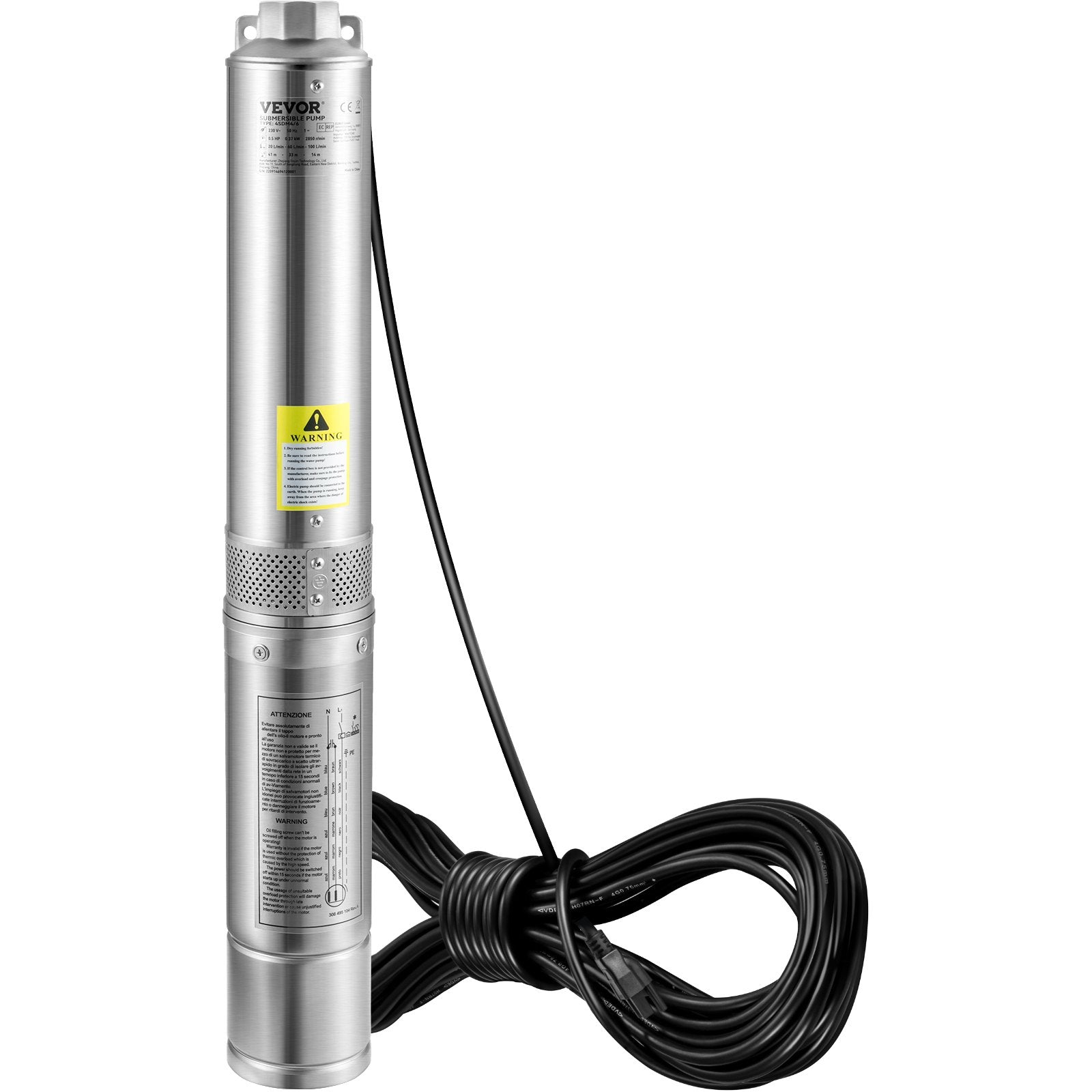 VEVOR Deep Well Submersible Pump, 2HP/1500W 230V/60Hz, 37GPM Flow 427 ft Head, with 33 ft Electric Cord, 4 inch Stainless Steel Water Pumps for Industrial, Irrigation & Home Use, IP68 Waterproof Grade 