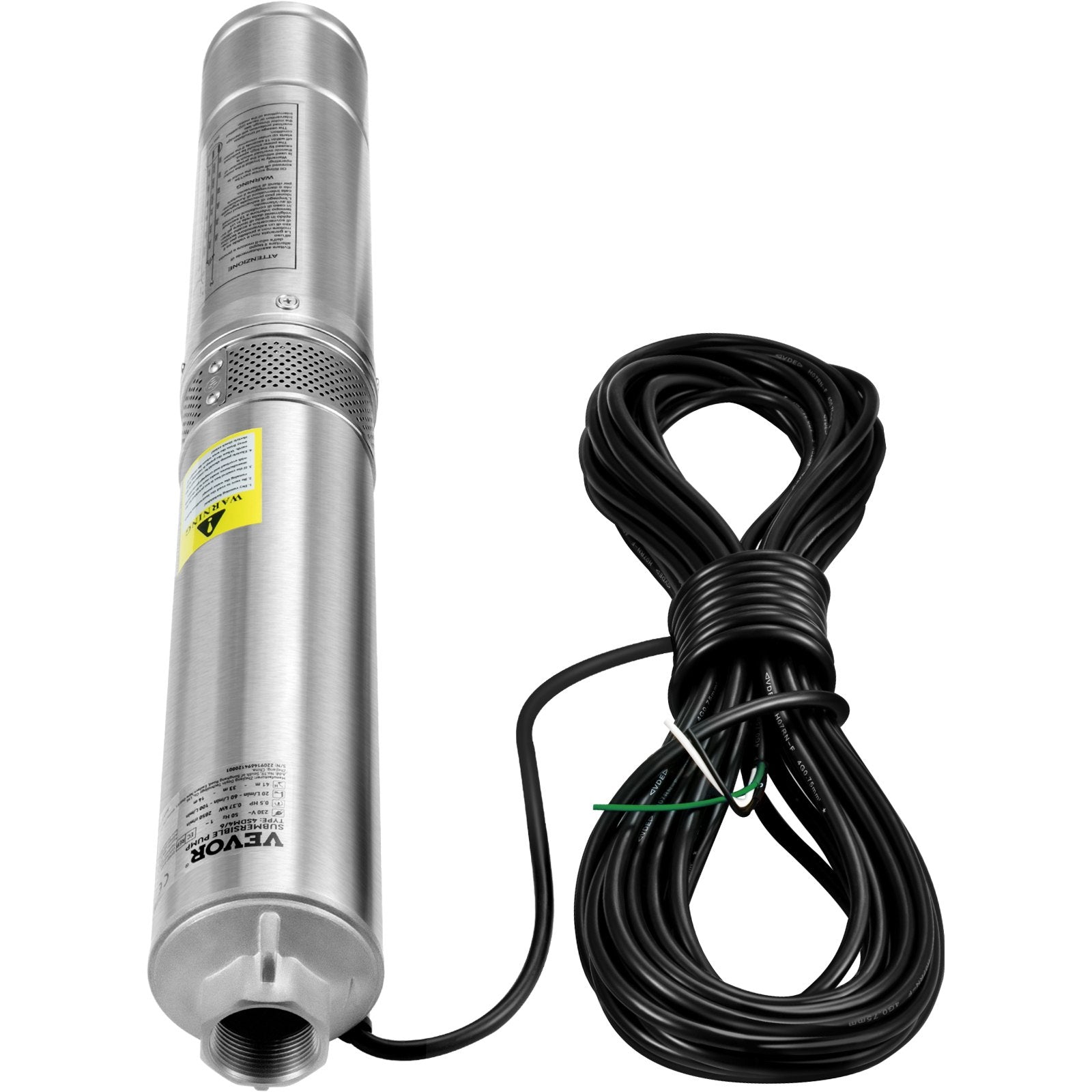 VEVOR Deep Well Submersible Pump, 2HP/1500W 230V/60Hz, 37GPM Flow 427 ft Head, with 33 ft Electric Cord, 4 inch Stainless Steel Water Pumps for Industrial, Irrigation & Home Use, IP68 Waterproof Grade 