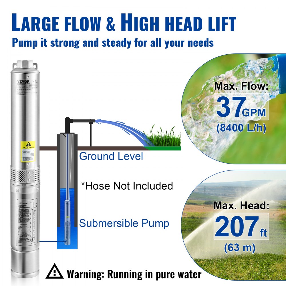 VEVOR Deep Well Submersible Pump, 1HP/750W 230V/60Hz, 37GPM Flow 207 ft Head, with 33 ft Electric Cord, 4 inch Stainless Steel Water Pumps for Industrial, Irrigation & Home Use, IP68 Waterproof Grade 