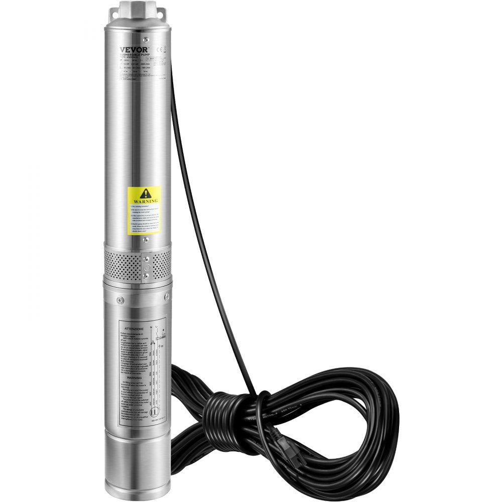 VEVOR Deep Well Submersible Pump, 1HP/750W 230V/60Hz, 37GPM Flow 207 ft Head, with 33 ft Electric Cord, 4 inch Stainless Steel Water Pumps for Industrial, Irrigation & Home Use, IP68 Waterproof Grade 