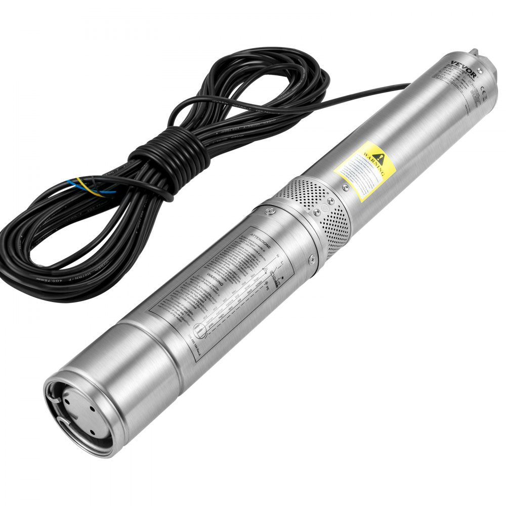 VEVOR Deep Well Submersible Pump, 1HP/750W 230V/60Hz, 37GPM Flow 207 ft Head, with 33 ft Electric Cord, 4 inch Stainless Steel Water Pumps for Industrial, Irrigation & Home Use, IP68 Waterproof Grade 