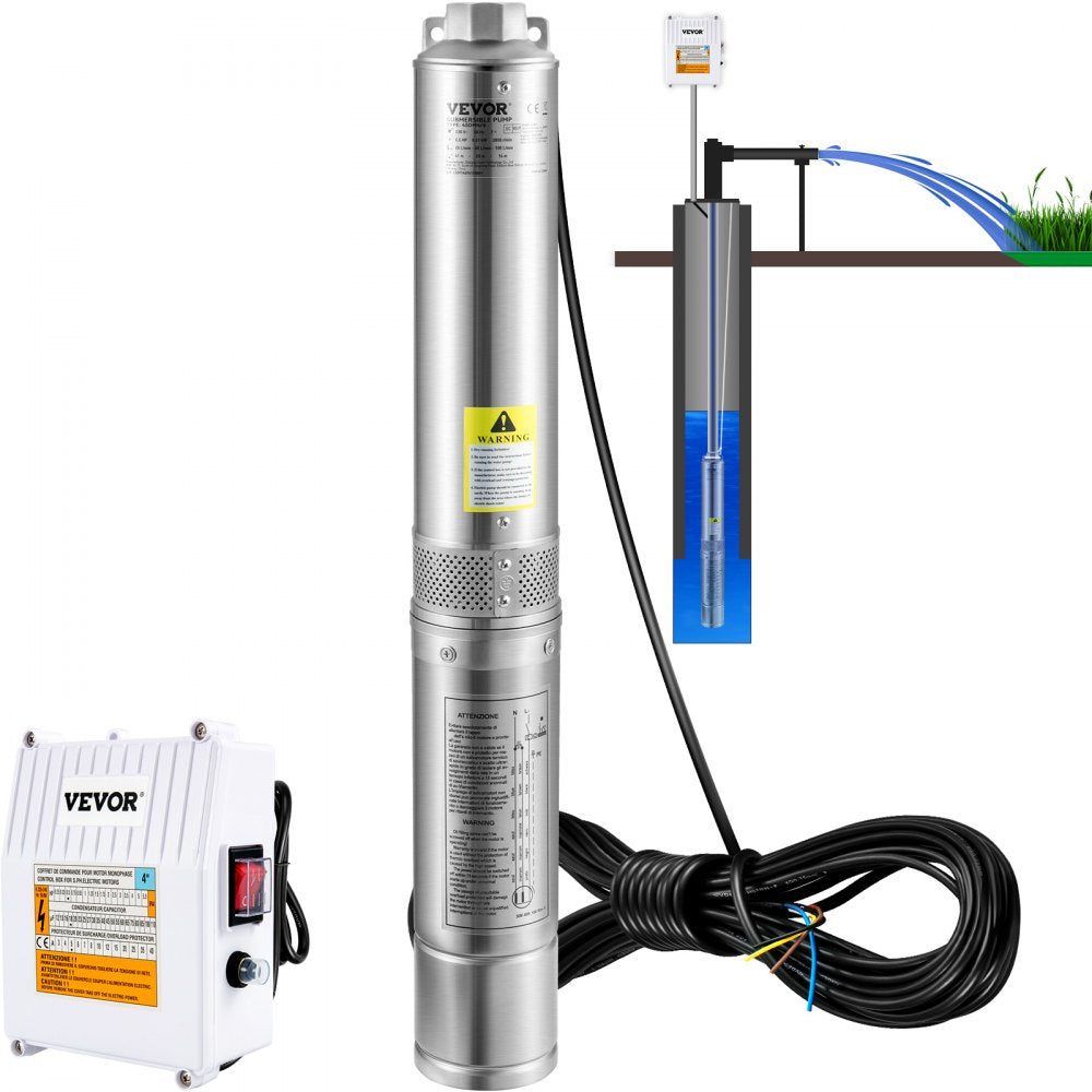 VEVOR Deep Well Submersible Pump Stainless Steel Water Pump 2HP 230V 37GPM 427ft 