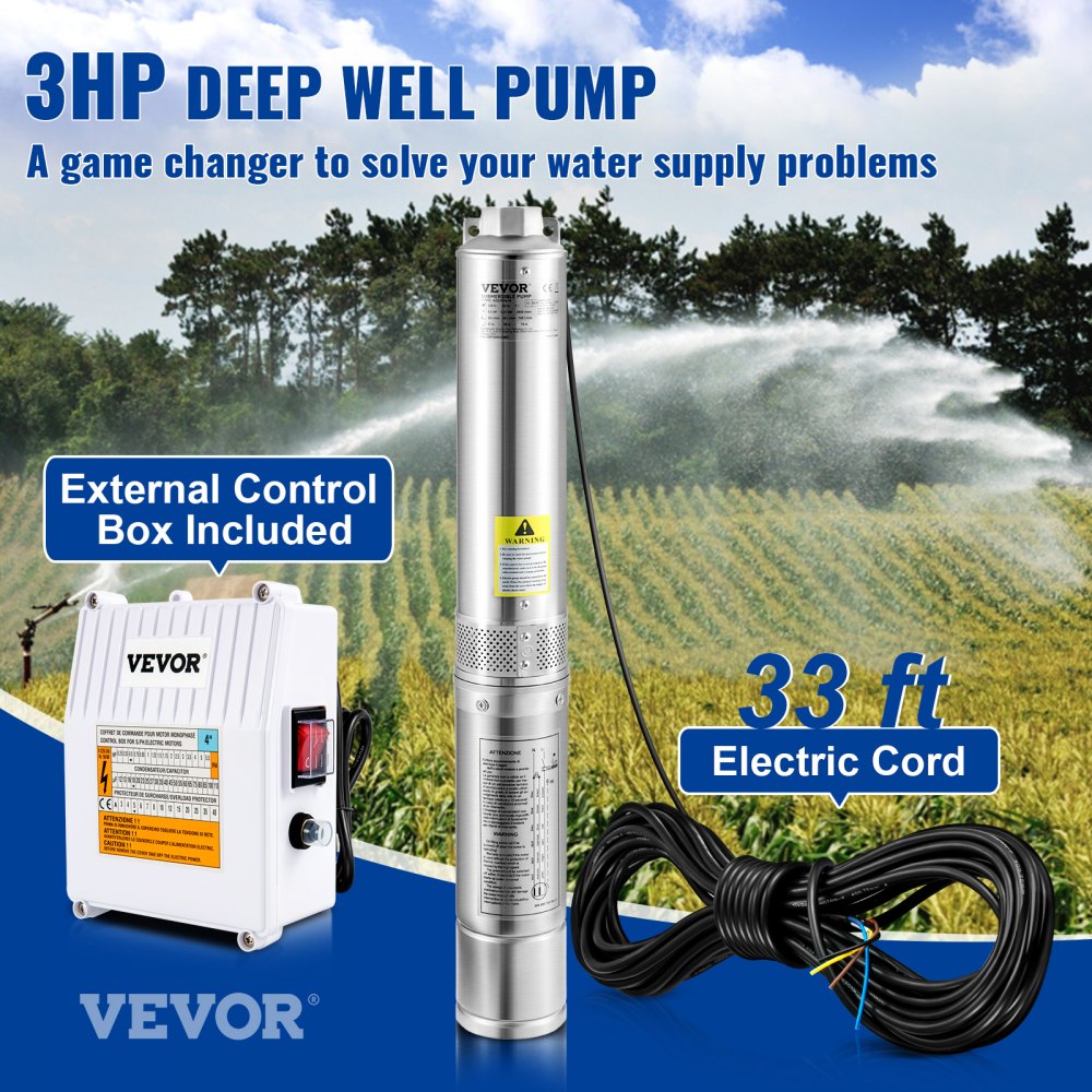 VEVOR Deep Well Submersible Pump, 3HP 230V/60Hz, 37GPM 640 ft Head, with 33 ft Cord & External Control Box, 4 inch Stainless Steel Water Pumps for Industrial, Irrigation and Home Use, IP68 Waterproof 