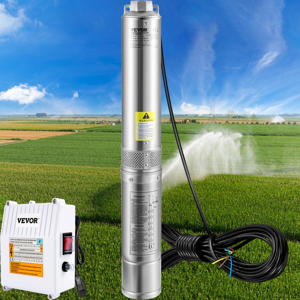 VEVOR Deep Well Submersible Pump, 3HP 230V/60Hz, 37GPM 640 ft Head, with 33 ft Cord & External Control Box, 4 inch Stainless Steel Water Pumps for Industrial, Irrigation and Home Use, IP68 Waterproof 