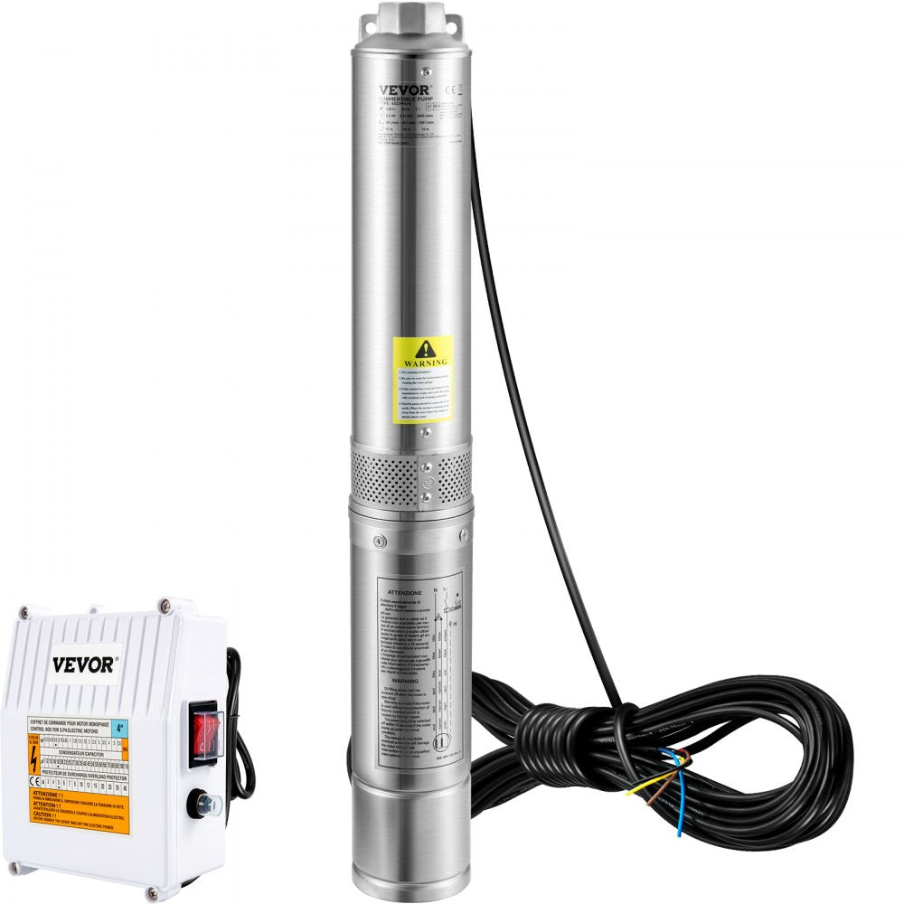 VEVOR Deep Well Submersible Pump, 3HP 230V/60Hz, 37GPM 640 ft Head, with 33 ft Cord & External Control Box, 4 inch Stainless Steel Water Pumps for Industrial, Irrigation and Home Use, IP68 Waterproof 