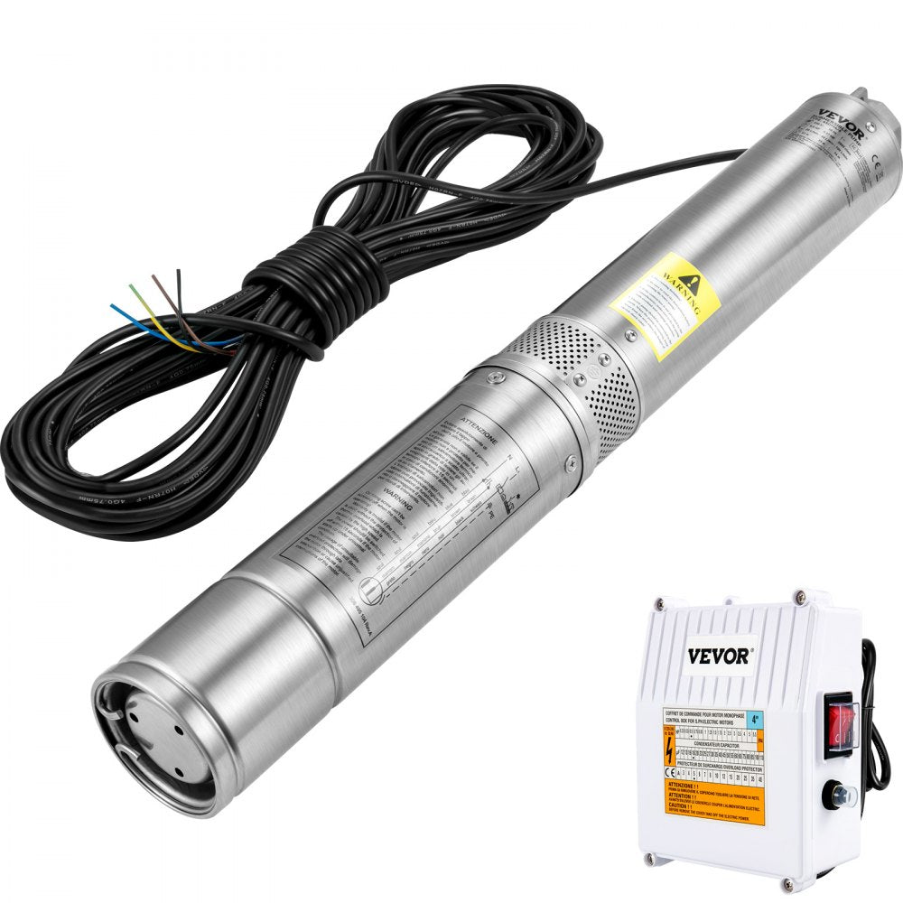 VEVOR Deep Well Submersible Pump, 3HP 230V/60Hz, 37GPM 640 ft Head, with 33 ft Cord & External Control Box, 4 inch Stainless Steel Water Pumps for Industrial, Irrigation and Home Use, IP68 Waterproof 