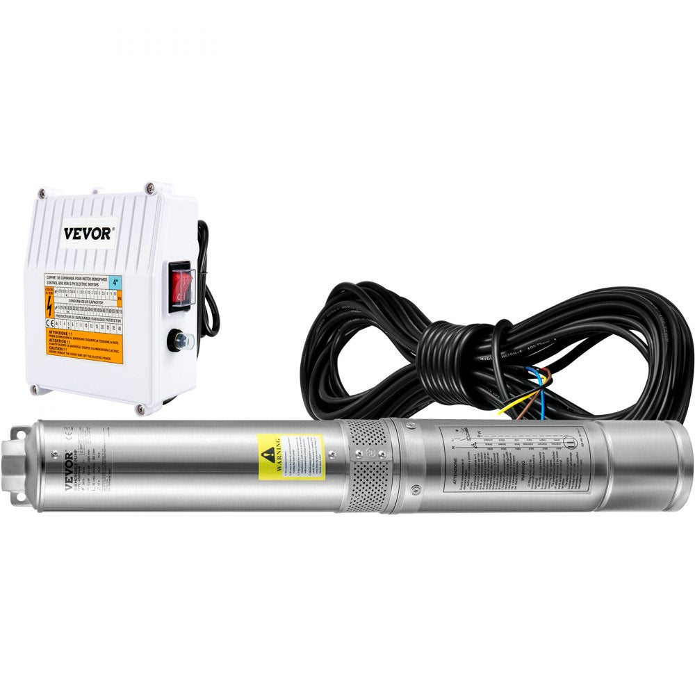 VEVOR Deep Well Submersible Pump, 3HP 230V/60Hz, 37GPM 640 ft Head, with 33 ft Cord & External Control Box, 4 inch Stainless Steel Water Pumps for Industrial, Irrigation and Home Use, IP68 Waterproof 
