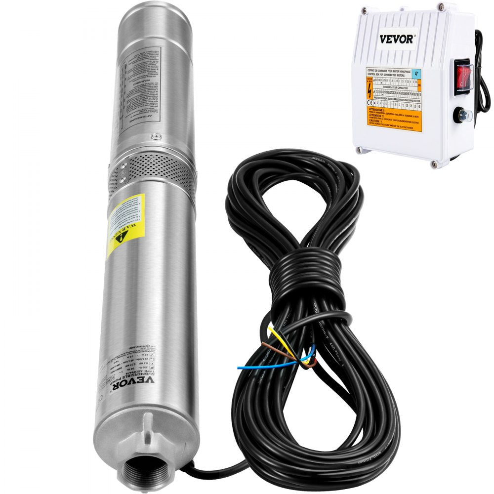 VEVOR Deep Well Submersible Pump, 3HP 230V/60Hz, 37GPM 640 ft Head, with 33 ft Cord & External Control Box, 4 inch Stainless Steel Water Pumps for Industrial, Irrigation and Home Use, IP68 Waterproof 