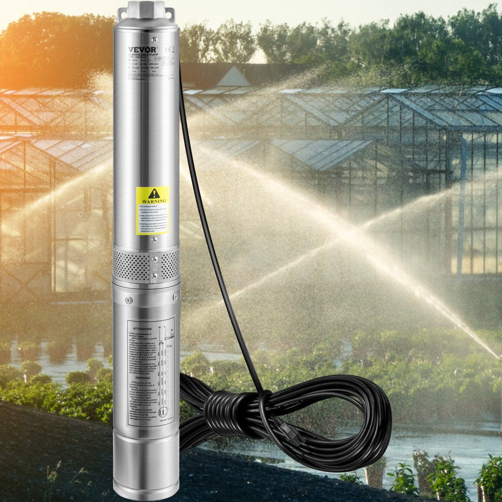 VEVOR Deep Well Submersible Pump, 0.5HP/370W 115V/60Hz, 28GPM Flow 167 ft Head, with 33ft Electric Cord, 4 inch Stainless Steel Water Pumps for Industrial, Irrigation & Home Use, IP68 Waterproof Grade 