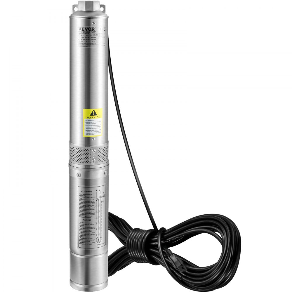 VEVOR Deep Well Submersible Pump, 0.5HP/370W 115V/60Hz, 28GPM Flow 167 ft Head, with 33ft Electric Cord, 4 inch Stainless Steel Water Pumps for Industrial, Irrigation & Home Use, IP68 Waterproof Grade 