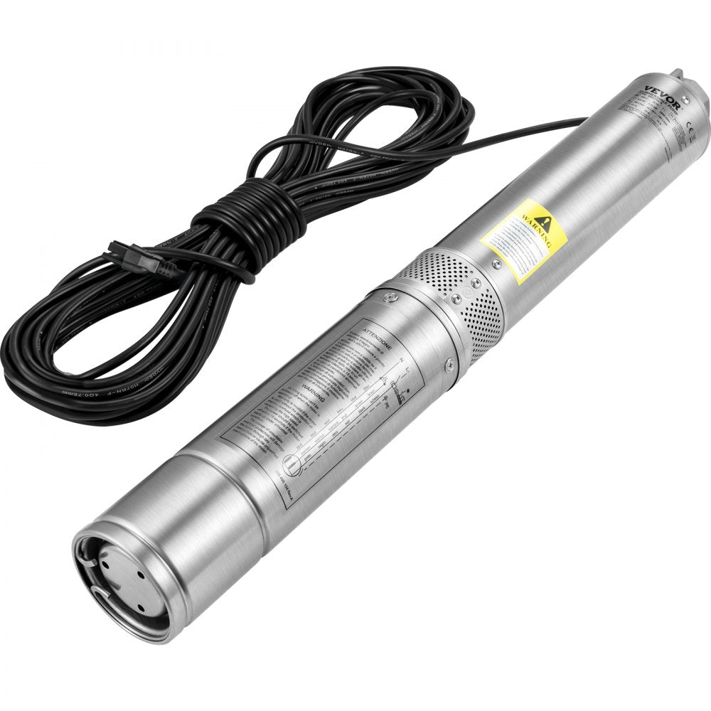 VEVOR Deep Well Submersible Pump, 0.5HP/370W 115V/60Hz, 28GPM Flow 167 ft Head, with 33ft Electric Cord, 4 inch Stainless Steel Water Pumps for Industrial, Irrigation & Home Use, IP68 Waterproof Grade 