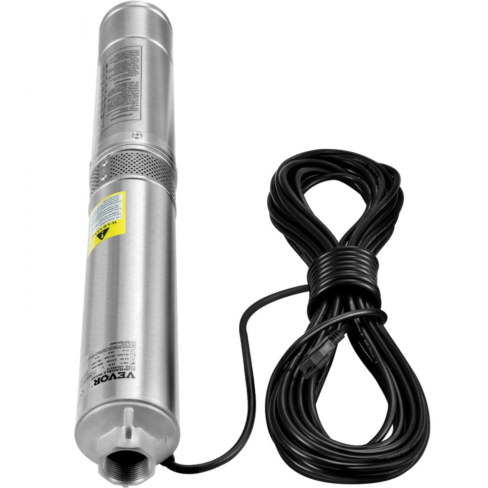 VEVOR Deep Well Submersible Pump, 0.5HP/370W 115V/60Hz, 28GPM Flow 167 ft Head, with 33ft Electric Cord, 4 inch Stainless Steel Water Pumps for Industrial, Irrigation & Home Use, IP68 Waterproof Grade 