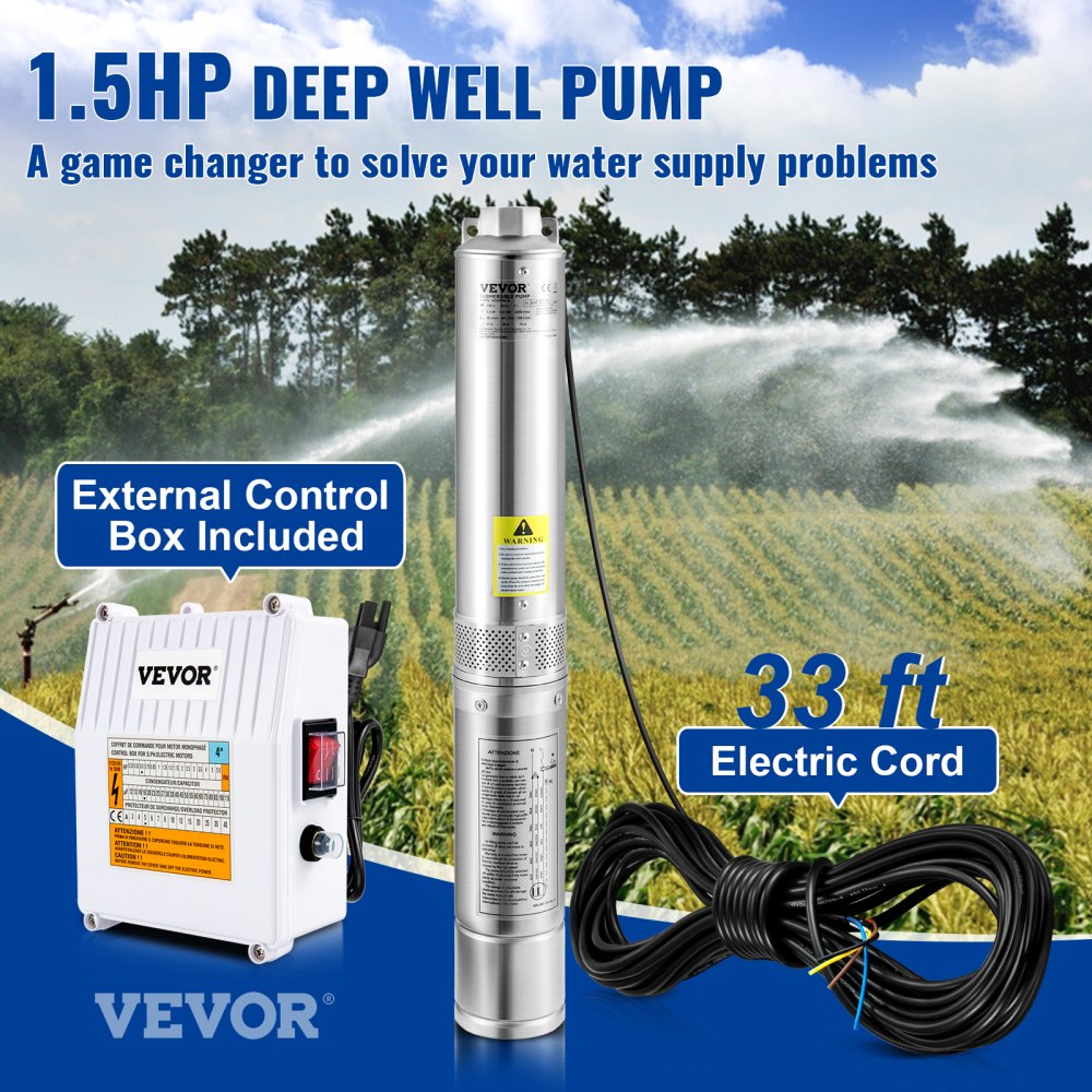 VEVOR Deep Well Submersible Pump, 1.5HP 115V/60Hz, 37GPM 276ft Head, with 33 ft Cord & External Control Box, 4 inch Stainless Steel Water Pumps for Industrial, Irrigation and Home Use, IP68 Waterproof 