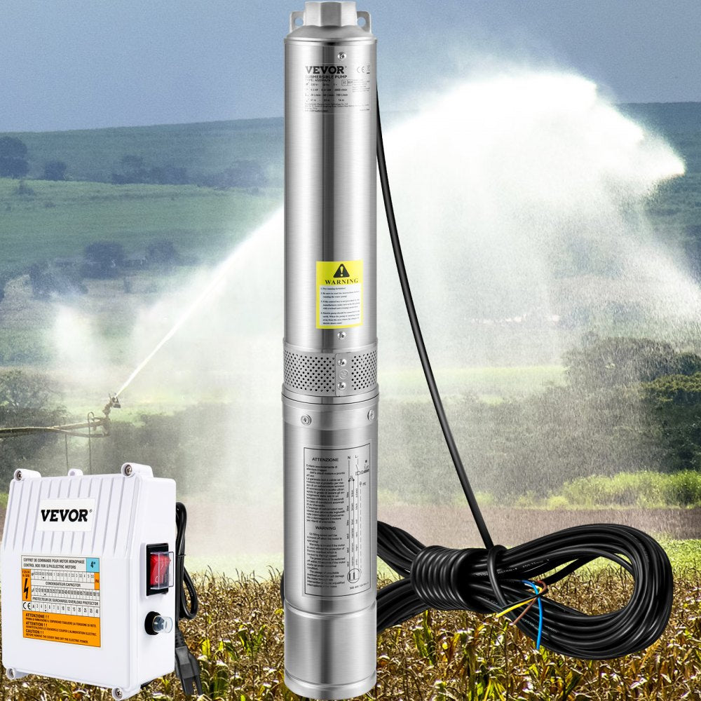 VEVOR Deep Well Submersible Pump, 1.5HP 115V/60Hz, 37GPM 276ft Head, with 33 ft Cord & External Control Box, 4 inch Stainless Steel Water Pumps for Industrial, Irrigation and Home Use, IP68 Waterproof 